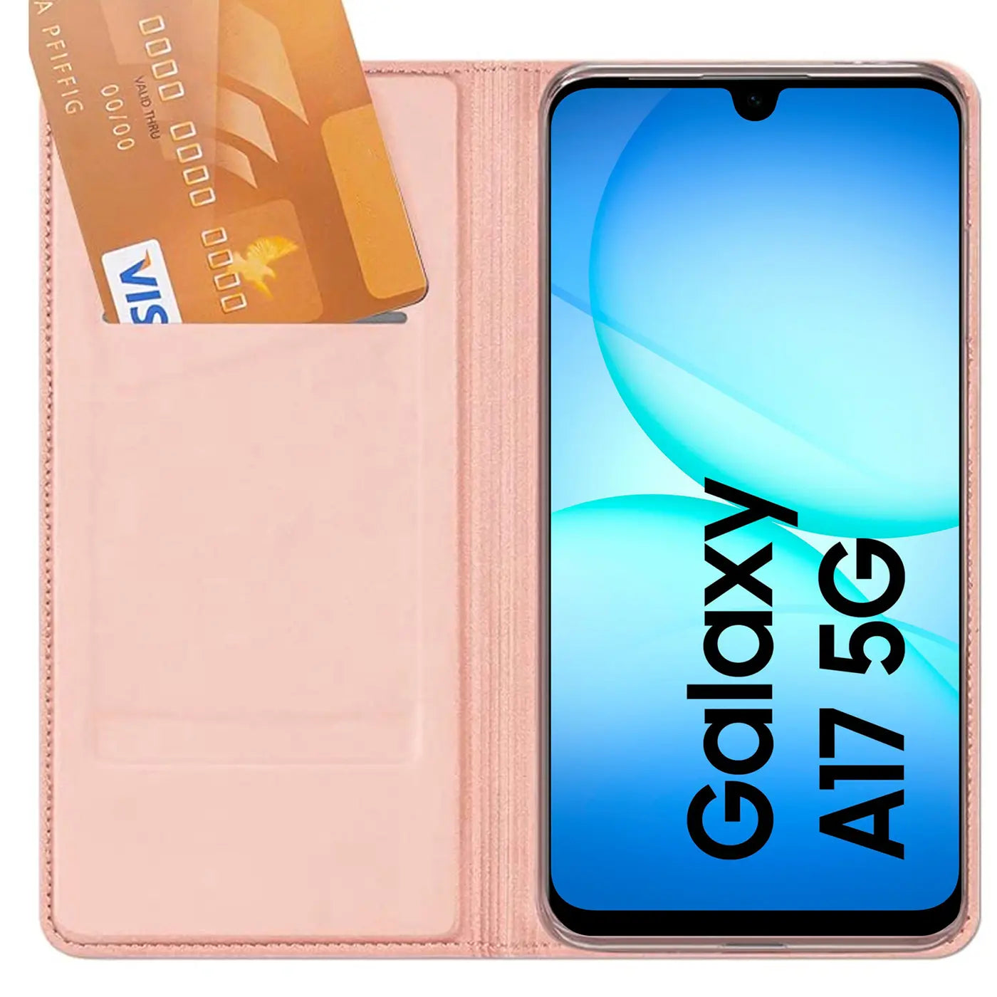 Rosa Kunstleder-Flip-Hülle mit Kartenfach, zeigt Samsung Galaxy A17 5G.