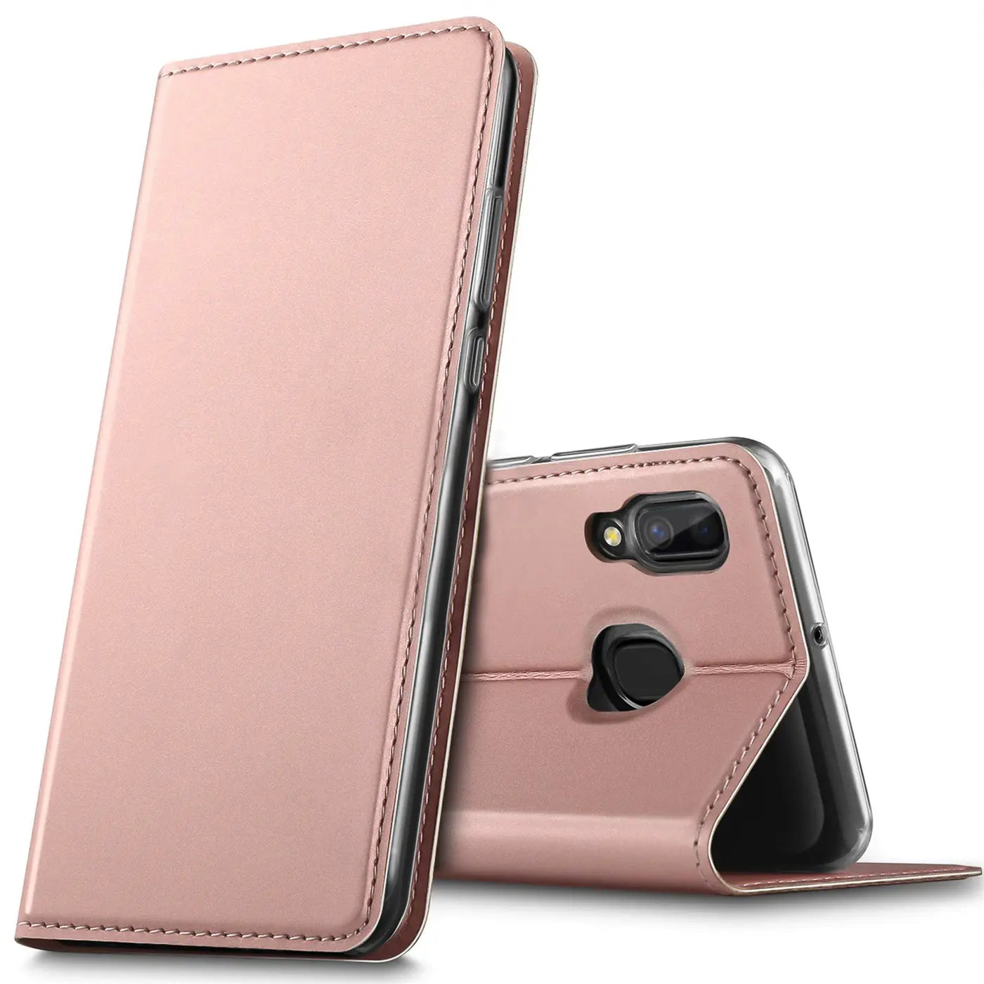 Metallic rosegoldene Flip Hülle aus Kunstleder, Vorderansicht und Rückansicht, für Samsung Galaxy A20e