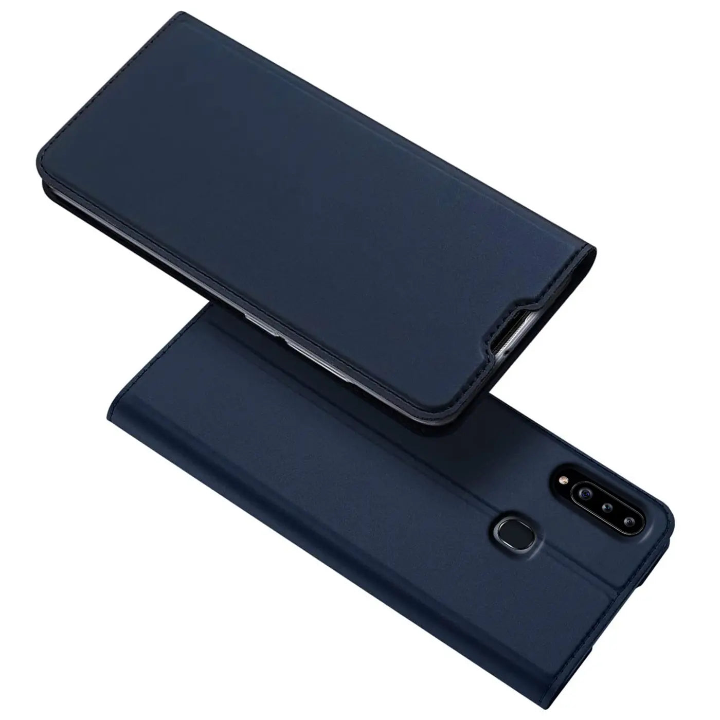 Dunkelblaue Kunstleder-Flip-Hülle für Samsung Galaxy A20s, von oben schräg fotografiert.