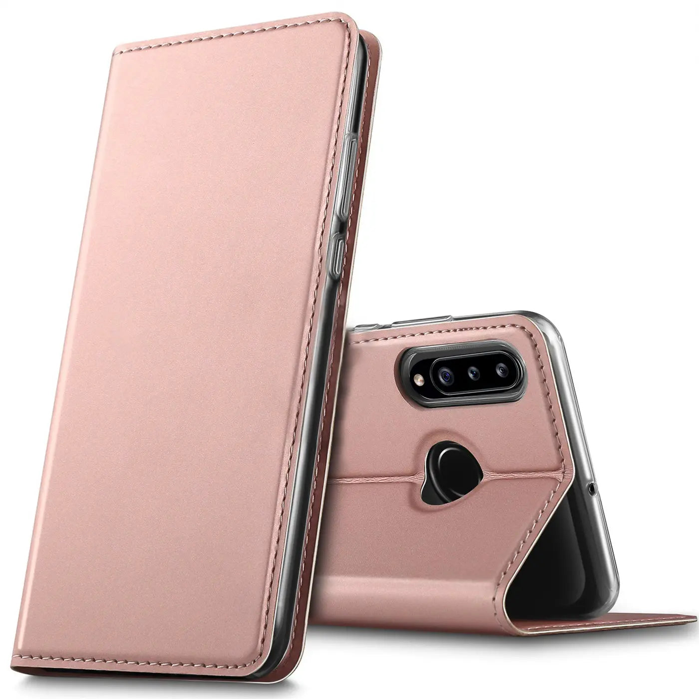 Metallic roségoldene Klapphülle aus Kunstleder, Vorderansicht und Rückansicht, Samsung Galaxy A20s.