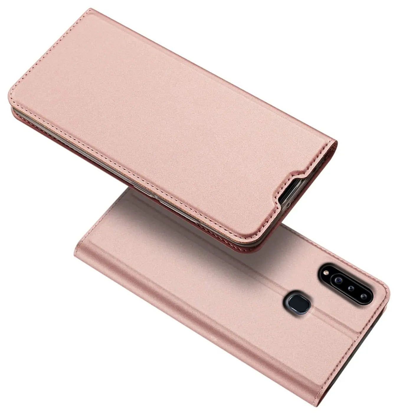 Rosa Metallic Flip Hülle, Leder, von oben/seitlich, Samsung Galaxy A20s sichtbar