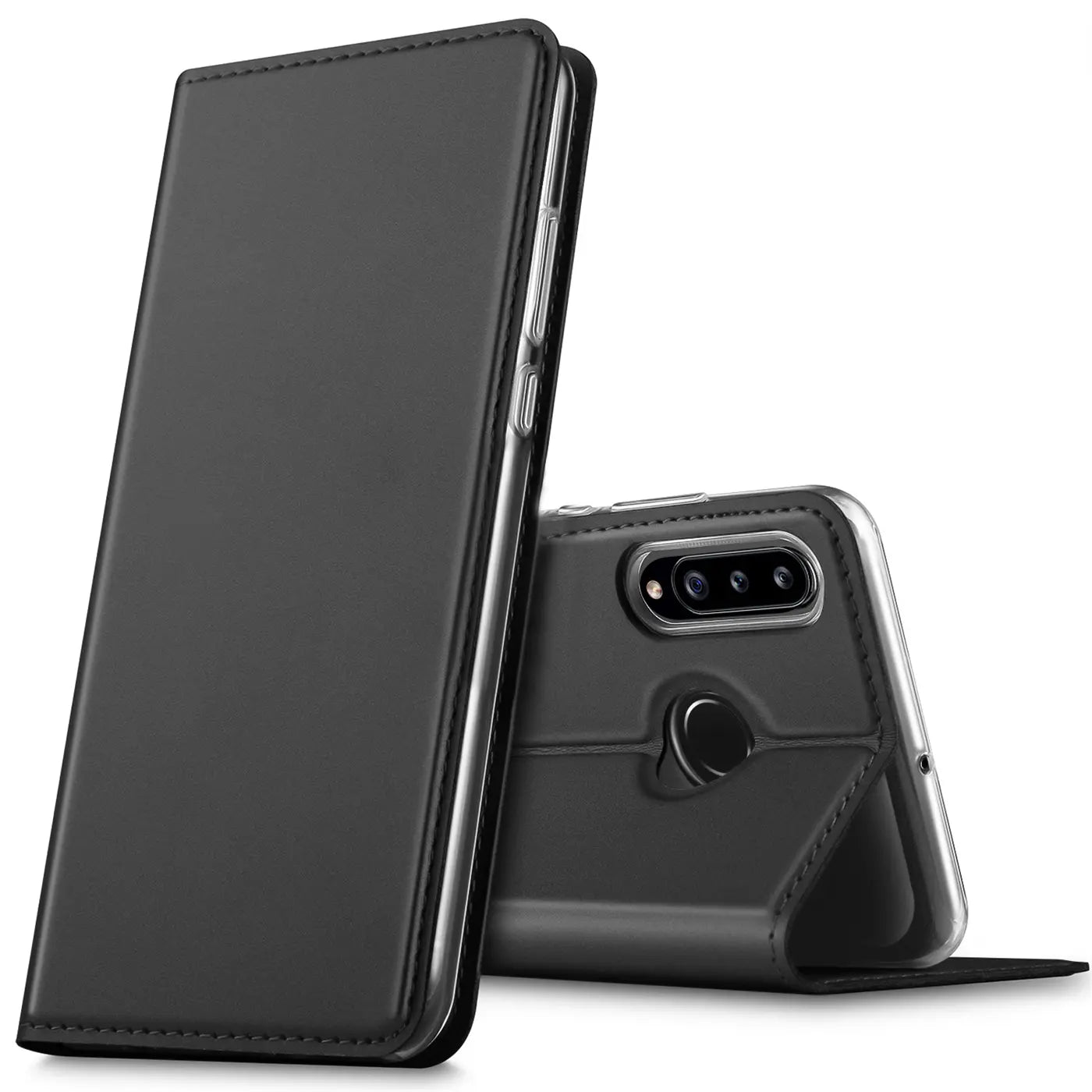 Schwarze Kunstleder-Flip-Hülle, Seitenansicht, zeigt Rückseite eines Samsung Galaxy A20s.