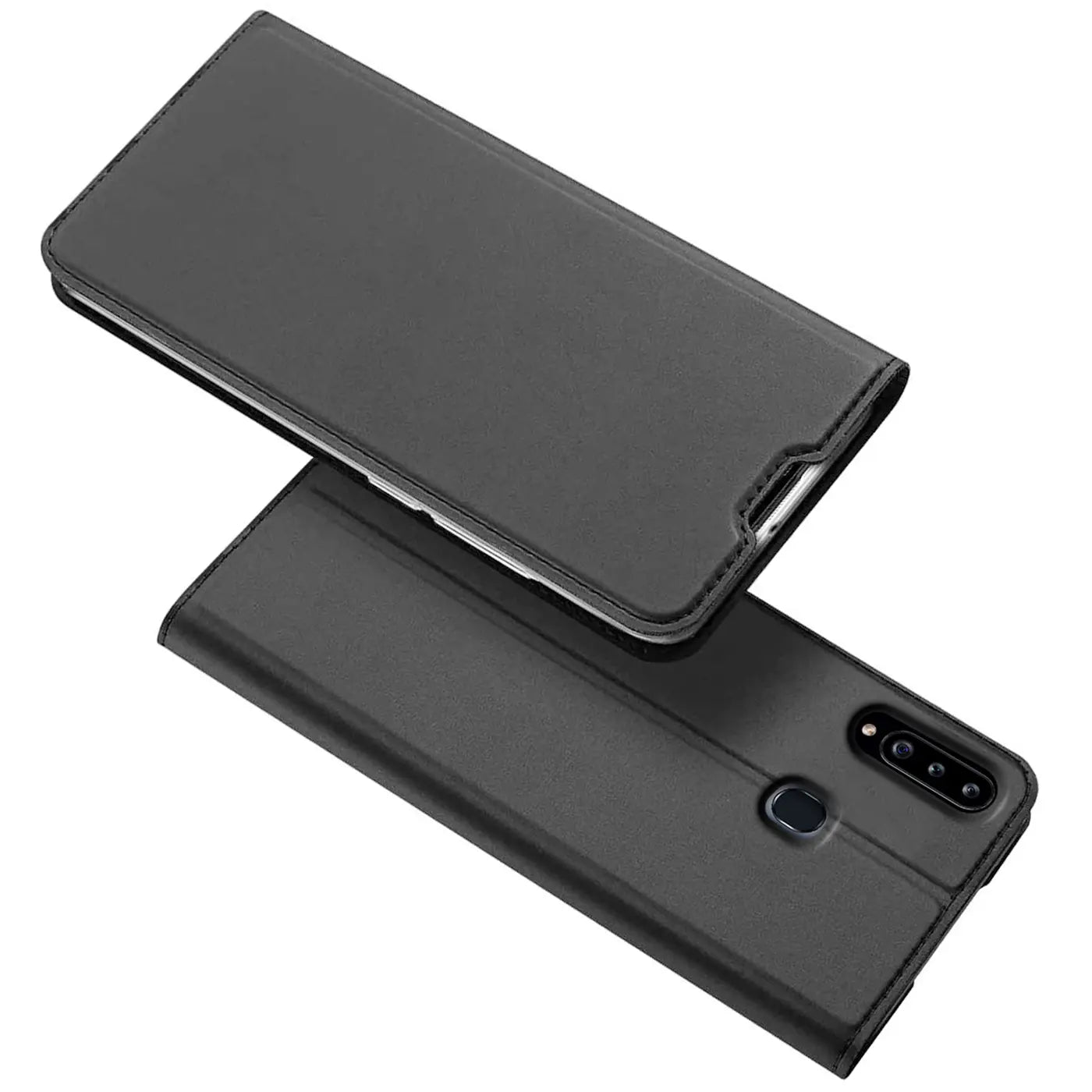 Schwarze Leder-Flip-Hülle für Samsung Galaxy A20s, von oben schräg fotografiert.