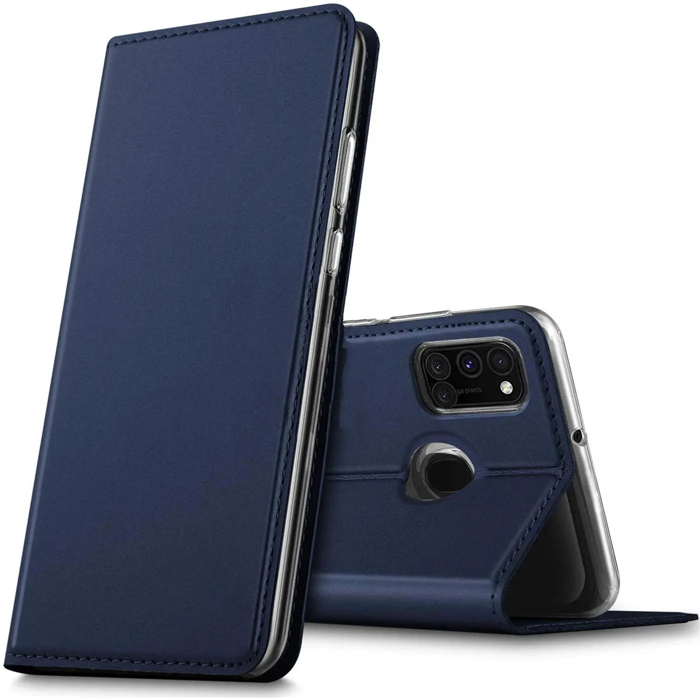 Dunkelblaue Leder-Flip-Hülle mit Ringhalter für Samsung Galaxy A21s, von vorne links gezeigt.