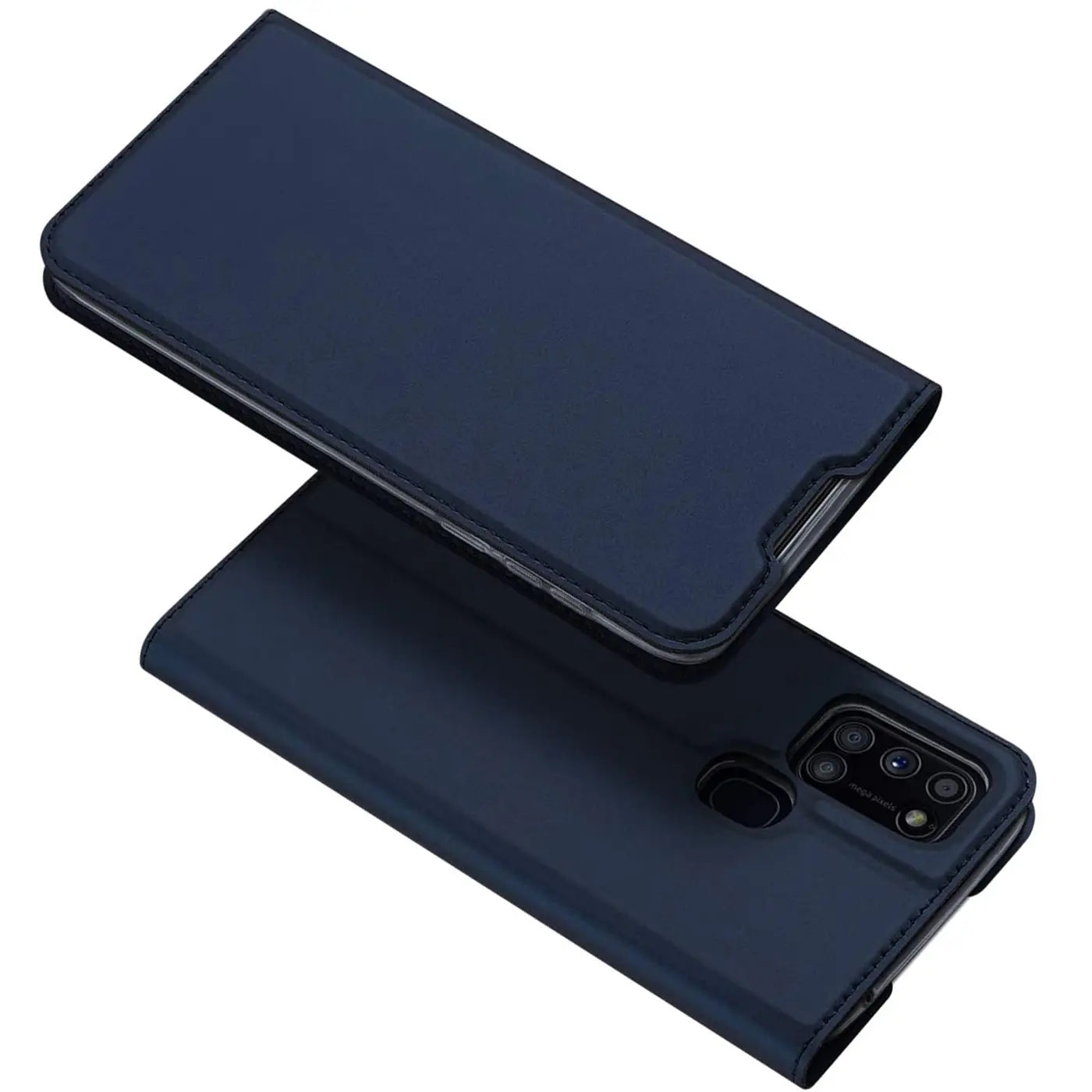 Dunkelblaue Klapphülle aus Kunstleder für Samsung Galaxy A21s, von oben fotografiert.