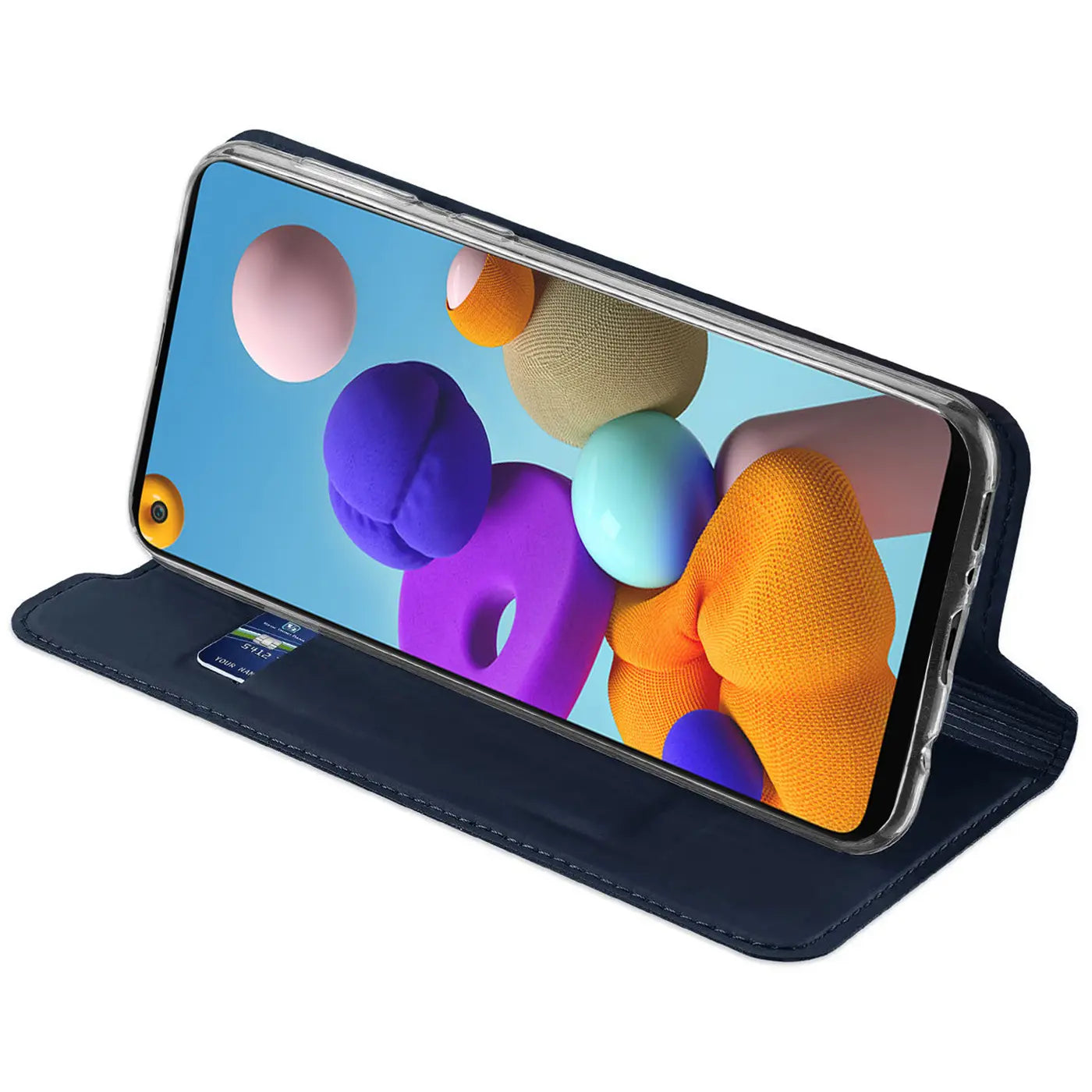 Dunkelblaue Kunstleder-Flip-Hülle mit Kartenfach für Samsung Galaxy A21s, von vorne schräg