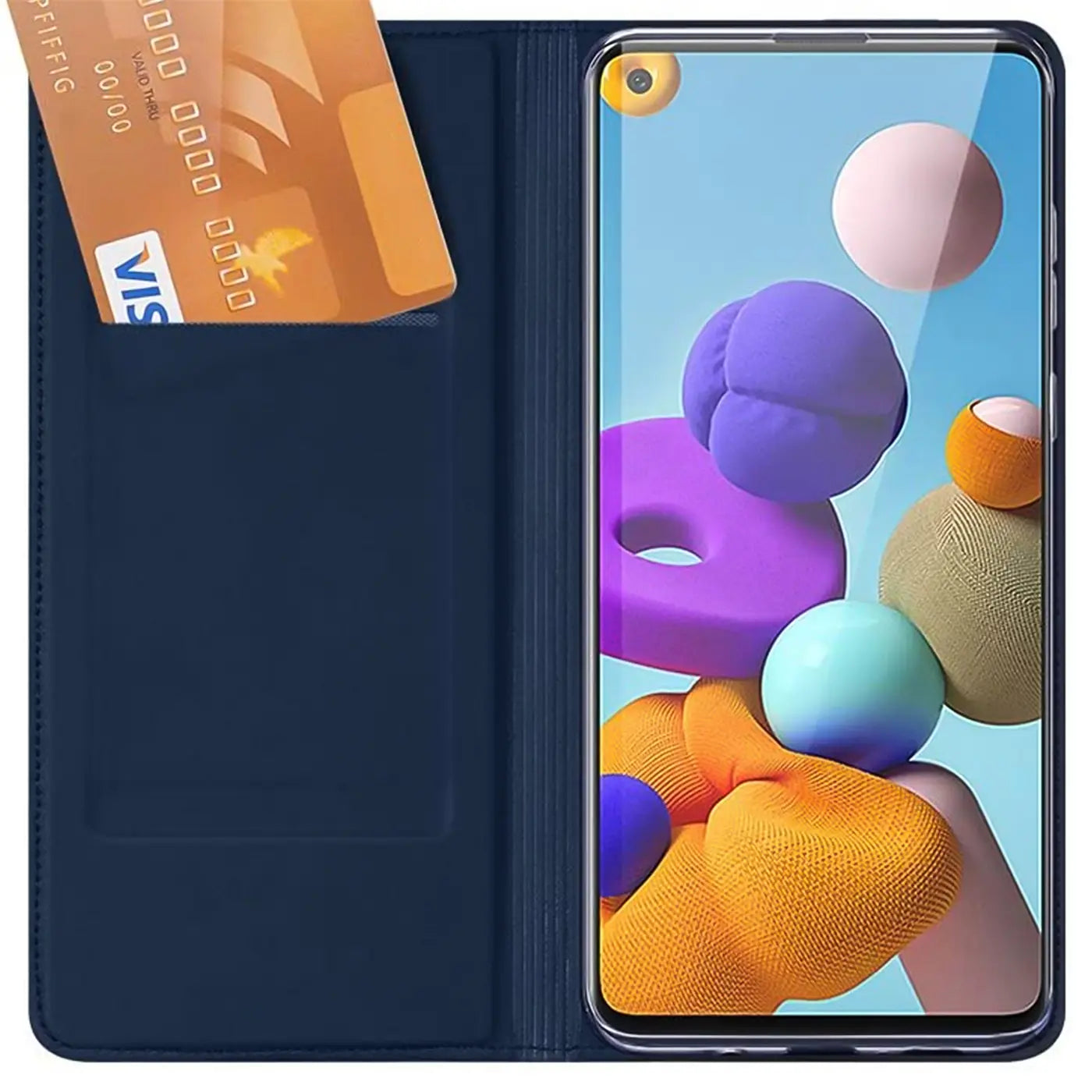 Dunkelblaue Kunstleder-Flip-Hülle mit Kreditkartenfach, zeigt Samsung Galaxy A21s.