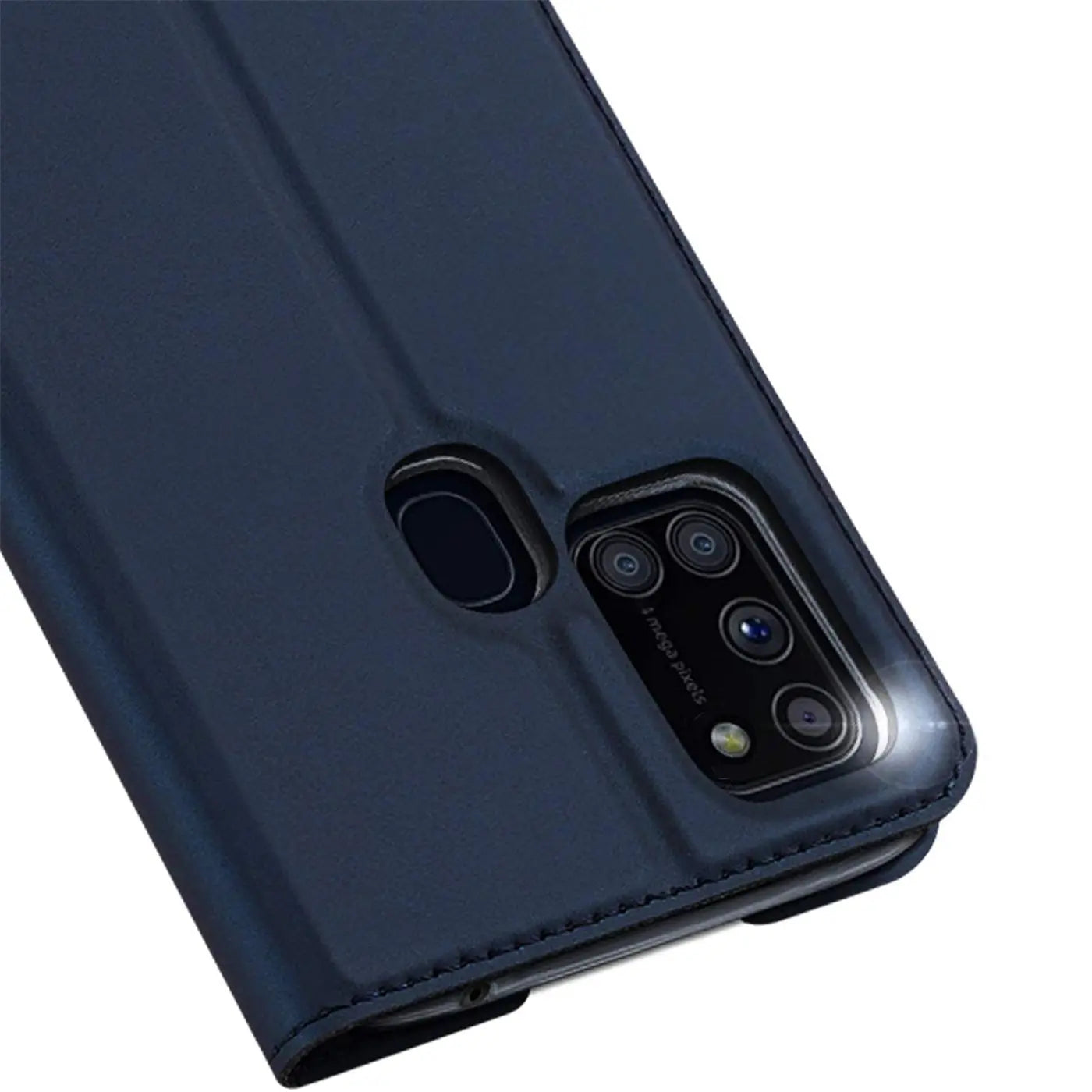 Dunkelblaue Kunstleder-Flip-Hülle für Samsung Galaxy A21s, Nahaufnahme der Rückseite