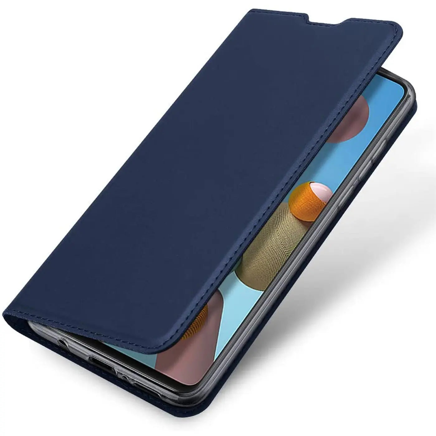 Dunkelblaue Kunstleder-Flip-Hülle, schräg von vorne, zeigt Samsung Galaxy A21s.