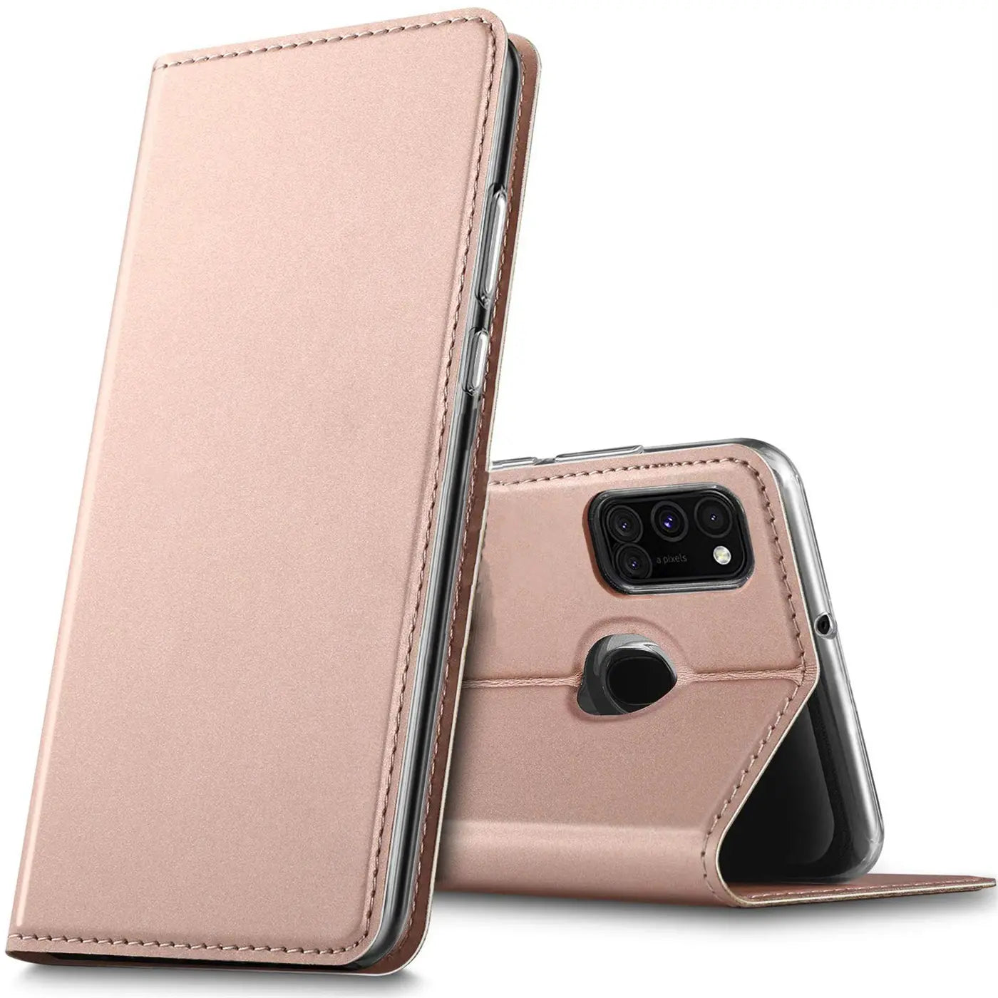 Rosafarbene Metallic-Flip-Hülle aus Kunstleder, Vorder- und Rückansicht, für Samsung Galaxy A21s.