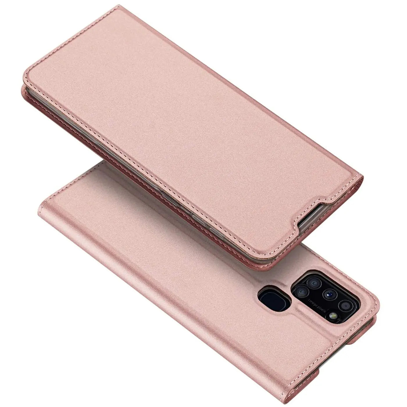 Rosafarbene Metallic-Flip-Hülle aus Kunstleder für Samsung Galaxy A21s, von oben schräg fotografiert.