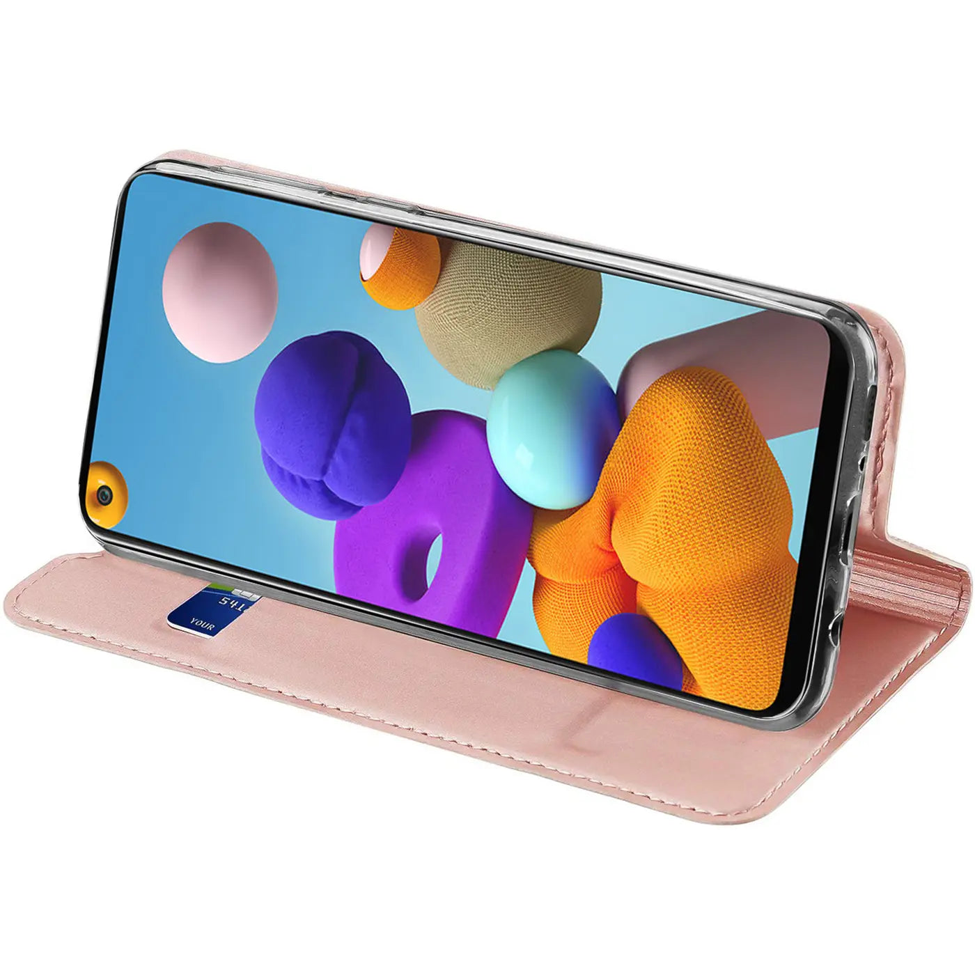 Rosa Klapphülle aus Kunstleder für Samsung Galaxy A21s, Seitenansicht.