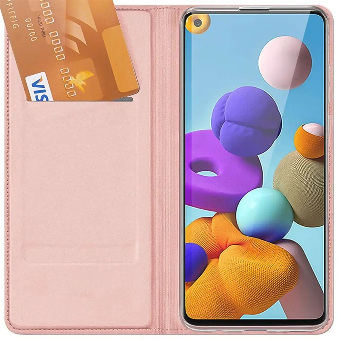Rosa Kunstleder-Flip-Hülle mit Kartenfach, zeigt Samsung Galaxy A21s.