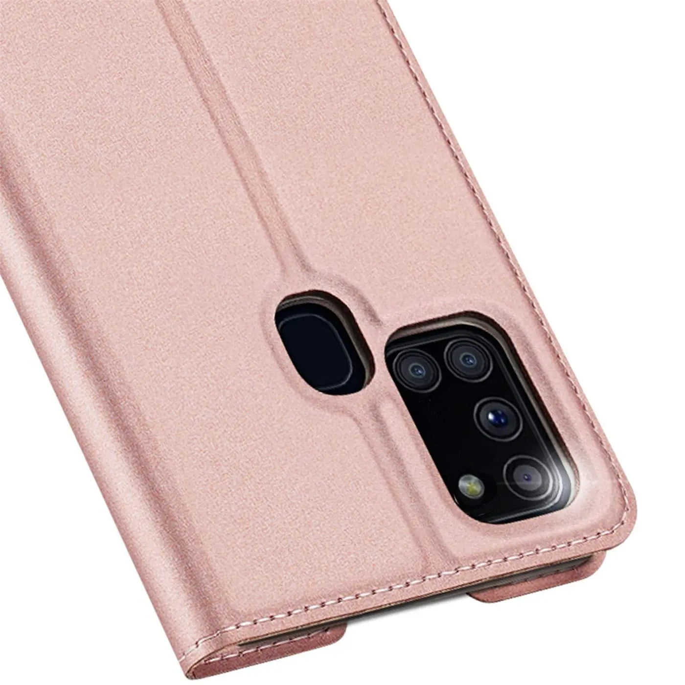 Metallic rosegoldene Klapphülle aus Lederimitat für Samsung Galaxy A21s, Nahaufnahme der Rückseite