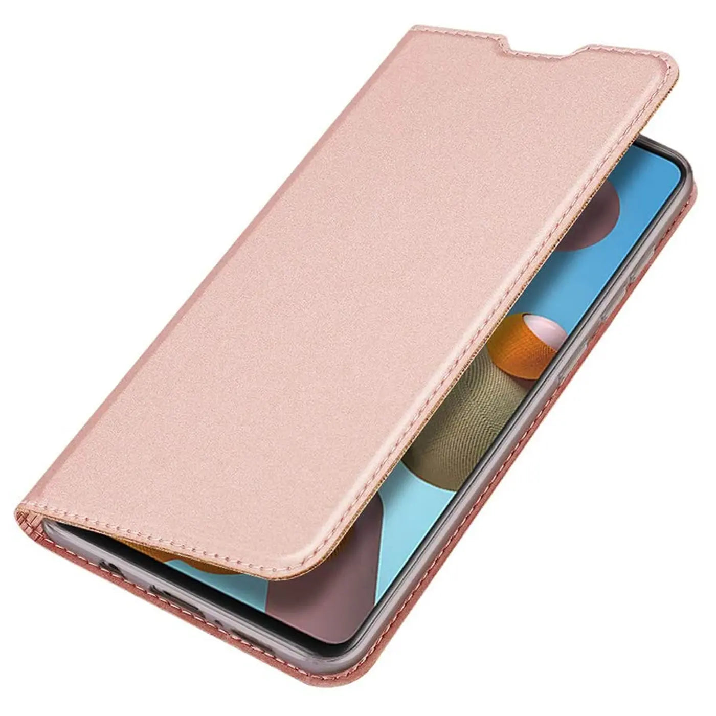 Rosafarbene Metallic-Flip-Hülle aus Kunstleder, schräg von oben, mit Samsung Galaxy A21s.