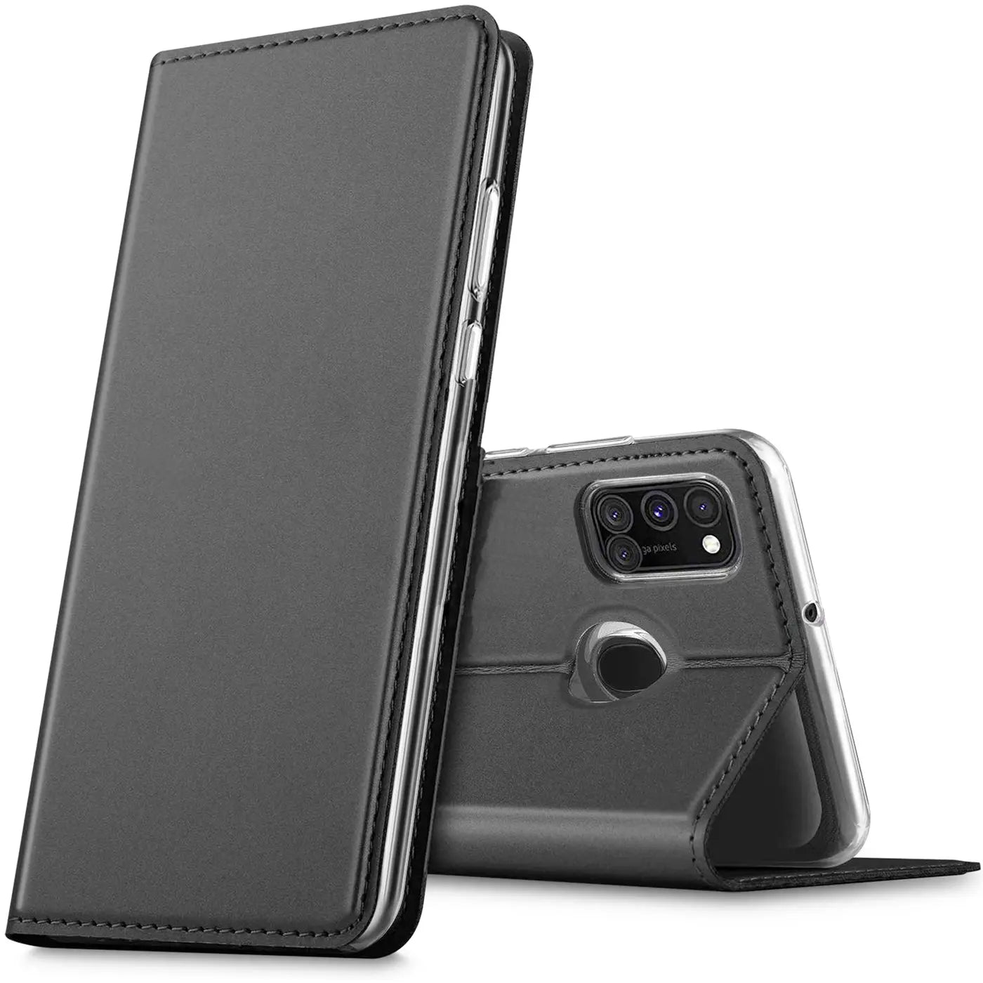 Dunkelgraue Klapphülle aus Kunstleder für Samsung Galaxy A21s, von vorne/seitlich