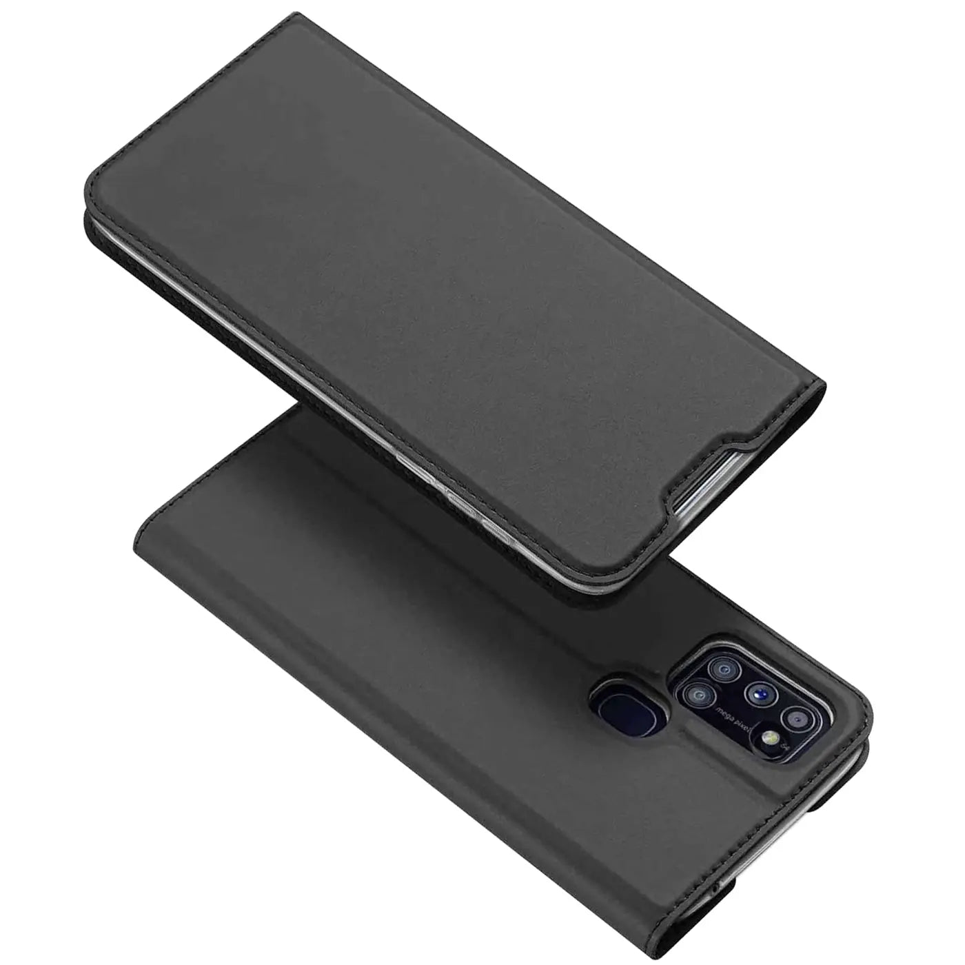Dunkelgraue Klapphülle aus Kunstleder für Samsung Galaxy A21s, von oben fotografiert.