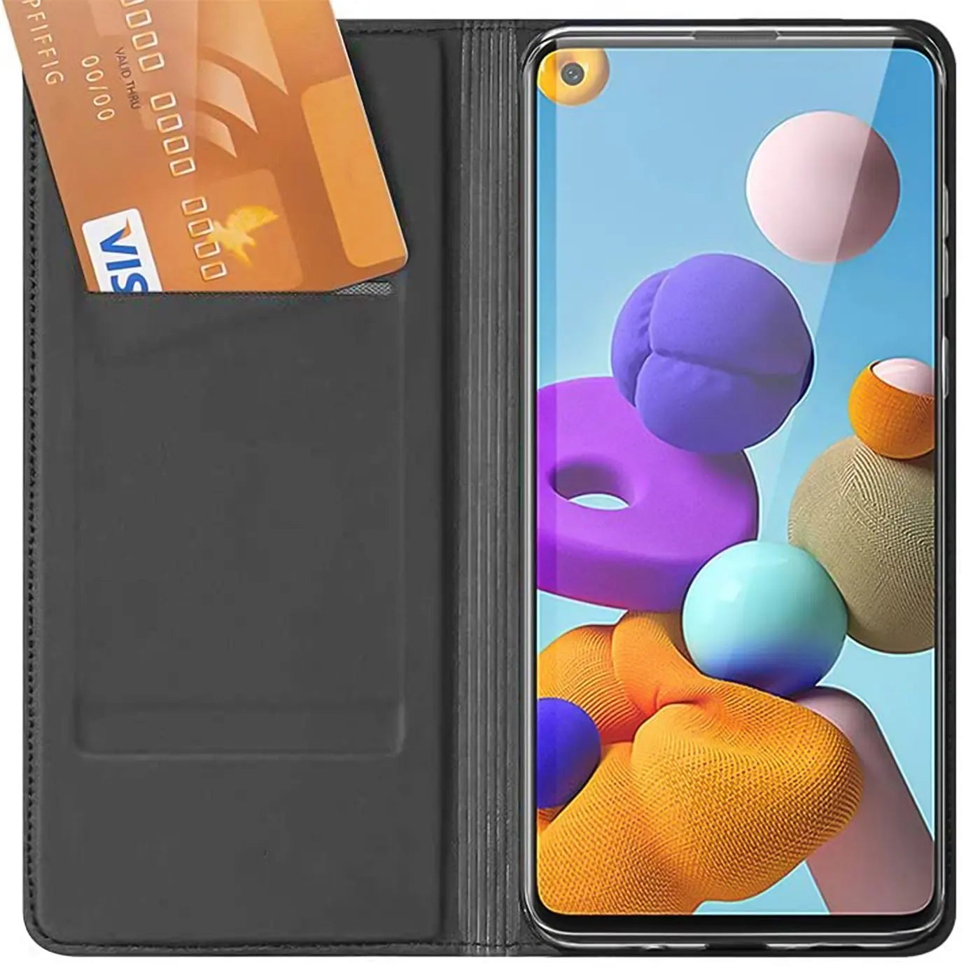 Schwarze Leder-Flip-Hülle mit Kreditkartenfach, zeigt Samsung A21s.