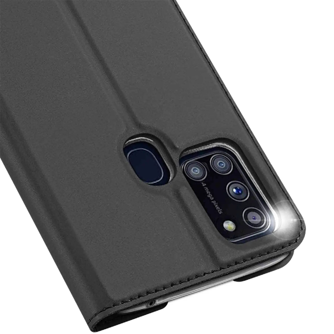 Graue Kunstleder-Flip-Hülle für Samsung Galaxy A21s, Nahaufnahme der Rückseite