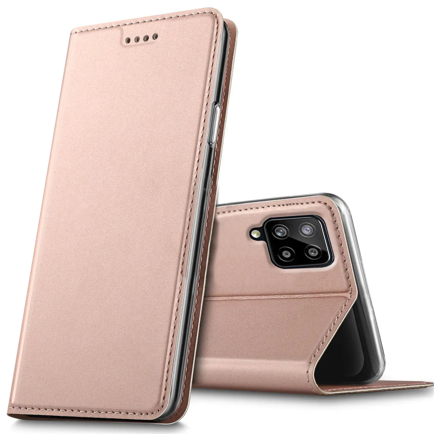 Rosafarbene Metallic-Flip-Hülle aus Leder für Samsung Galaxy A22 4G/M32/M22, von vorne und hinten gezeigt.