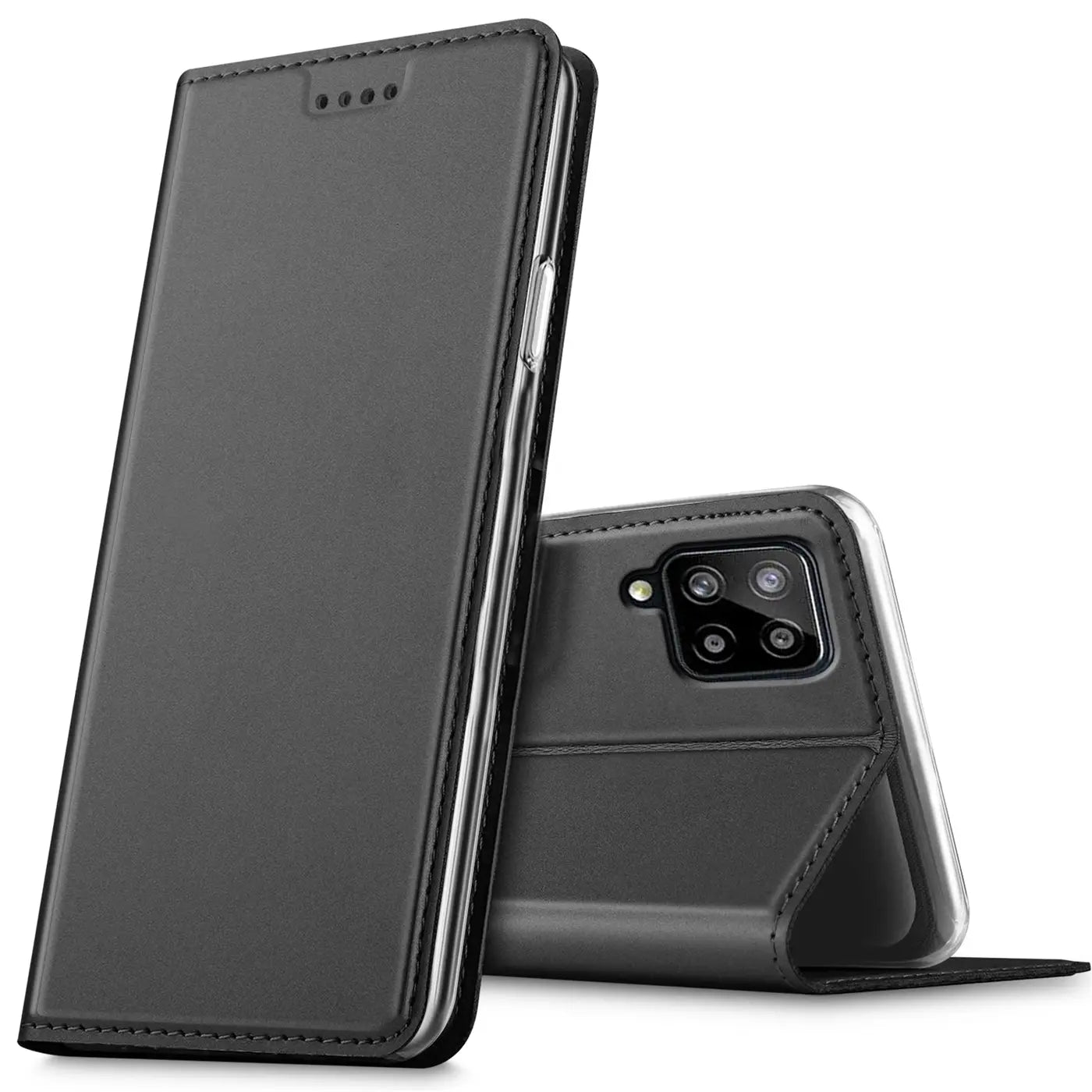 Dunkelgraue Kunstleder-Flip-Hülle, Vorder- und Rückansicht, für Samsung Galaxy A22 4G.