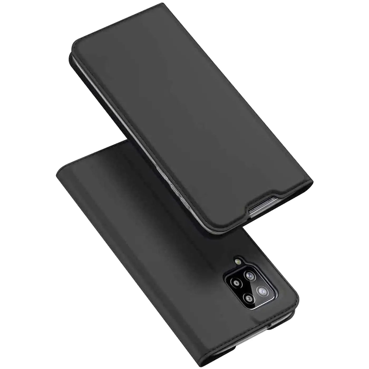 Schwarze Leder-Flip-Hülle für Samsung Galaxy A22 4G/M32/M22, von vorne schräg betrachtet.