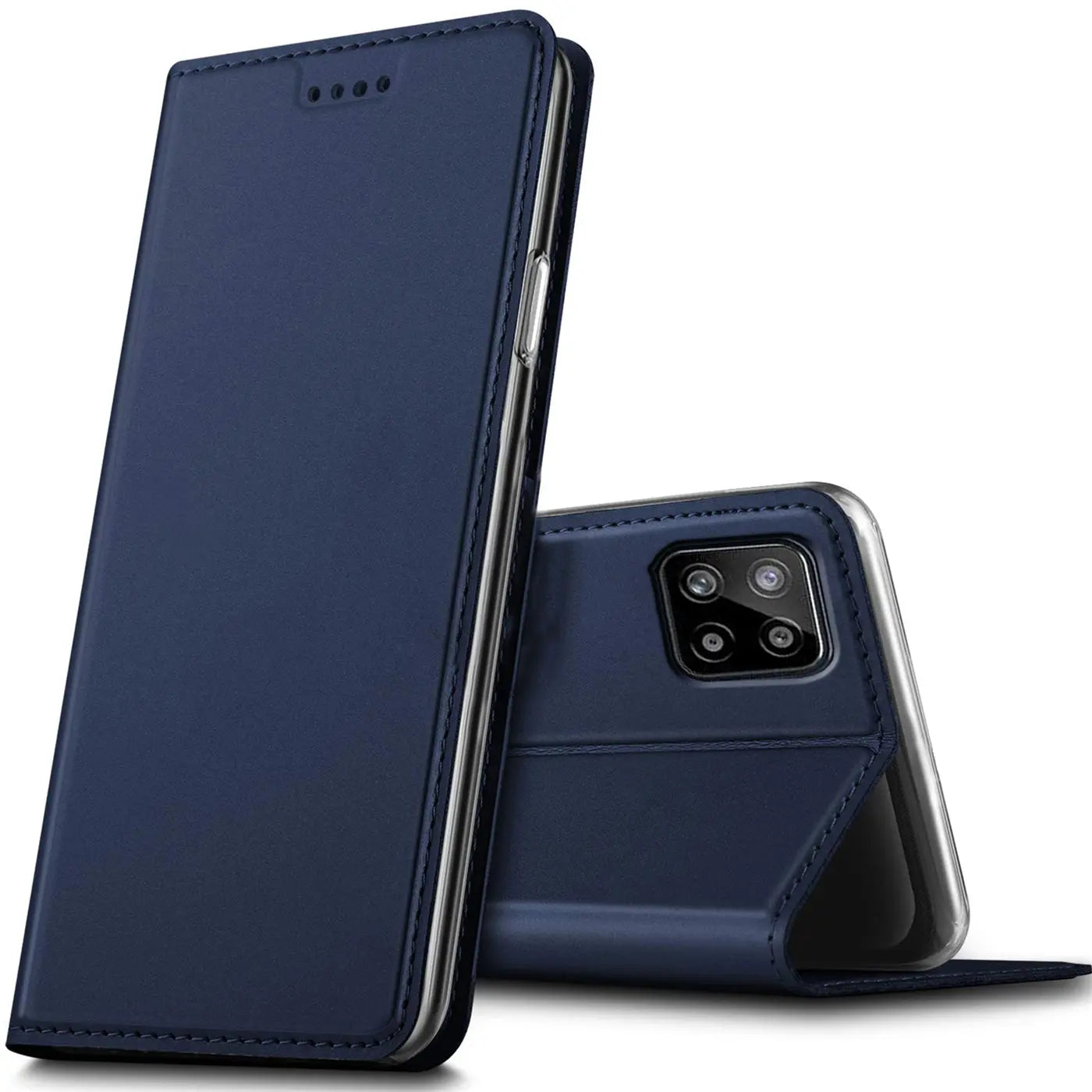 Dunkelblaue Leder-Flip-Hülle für Samsung Galaxy A22 5G, Vorder- und Rückansicht.
