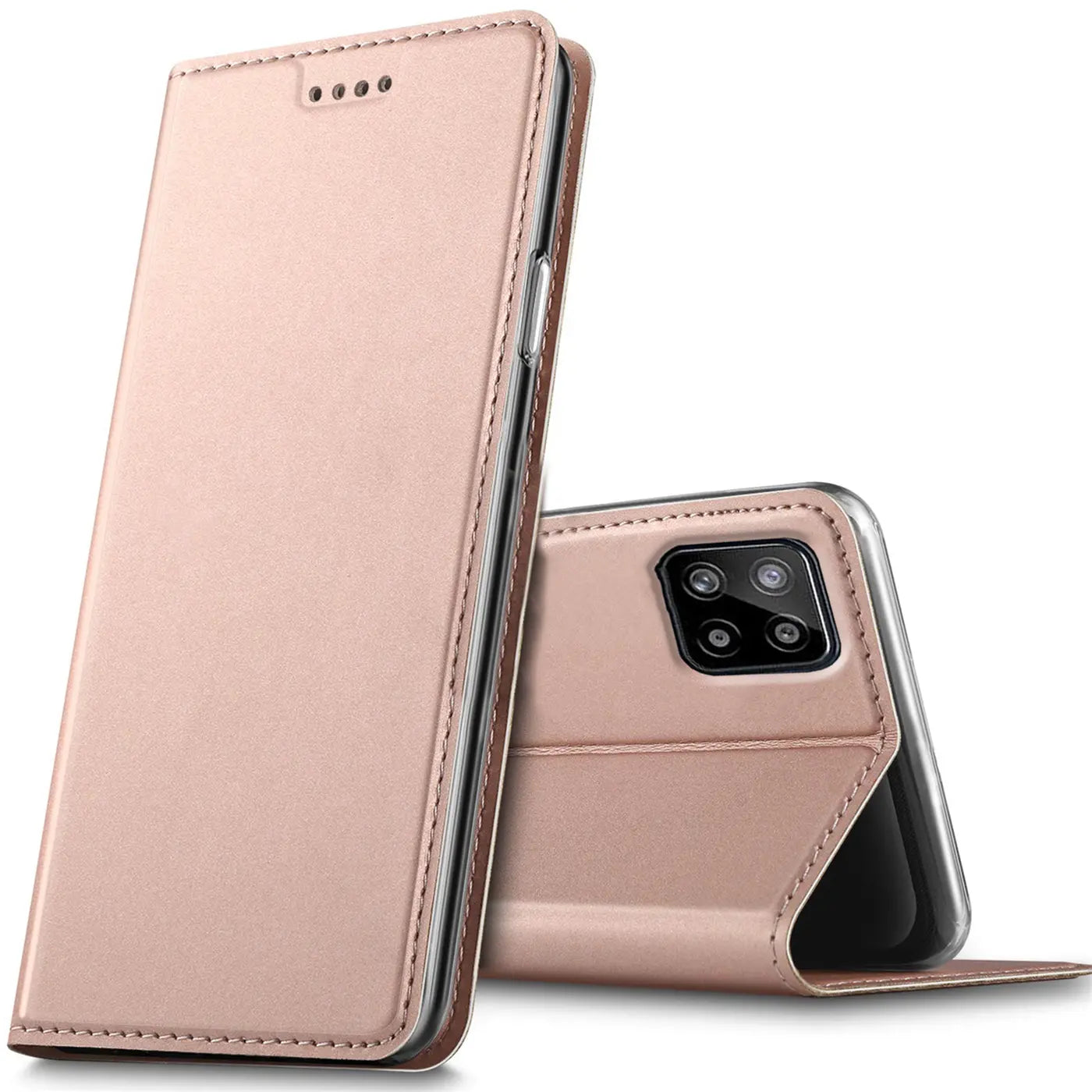 Metallic rosegoldene Klapphülle aus Kunstleder für Samsung Galaxy A22 5G, von vorne seitlich gezeigt.