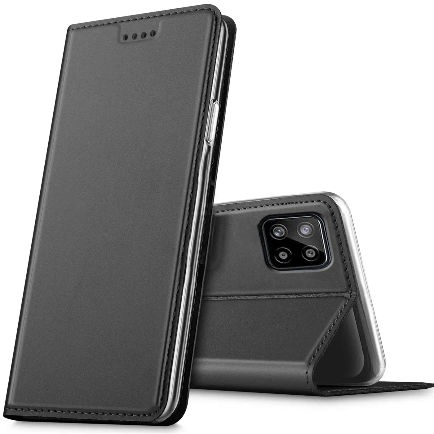 Graue Kunstleder-Flip-Hülle für Samsung Galaxy A22 5G, von vorne schräg gezeigt.