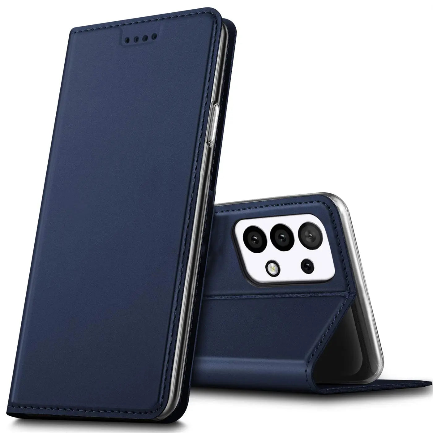 Dunkelblaue Kunstleder-Flip-Hülle für Samsung Galaxy A23 5G, von vorne, offen