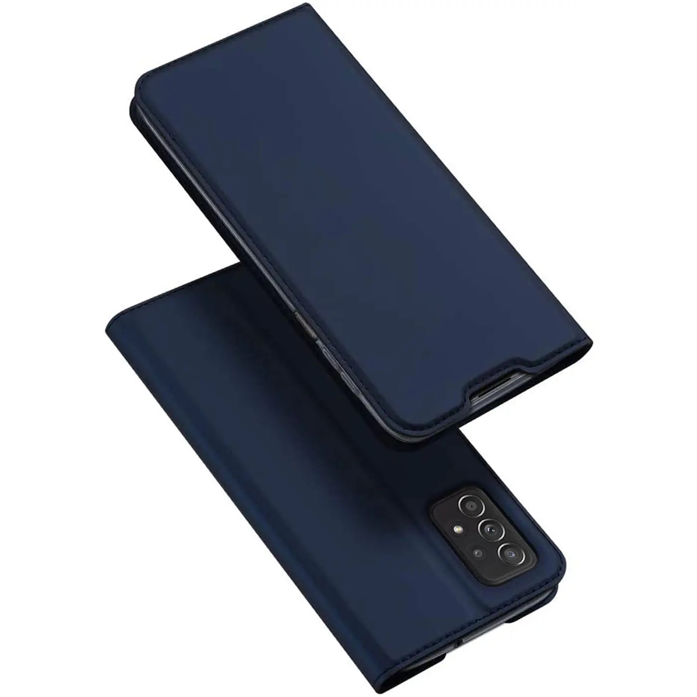 Dunkelblaue Leder-Flip-Hülle für Samsung Galaxy A23 5G, von schräg oben gezeigt.