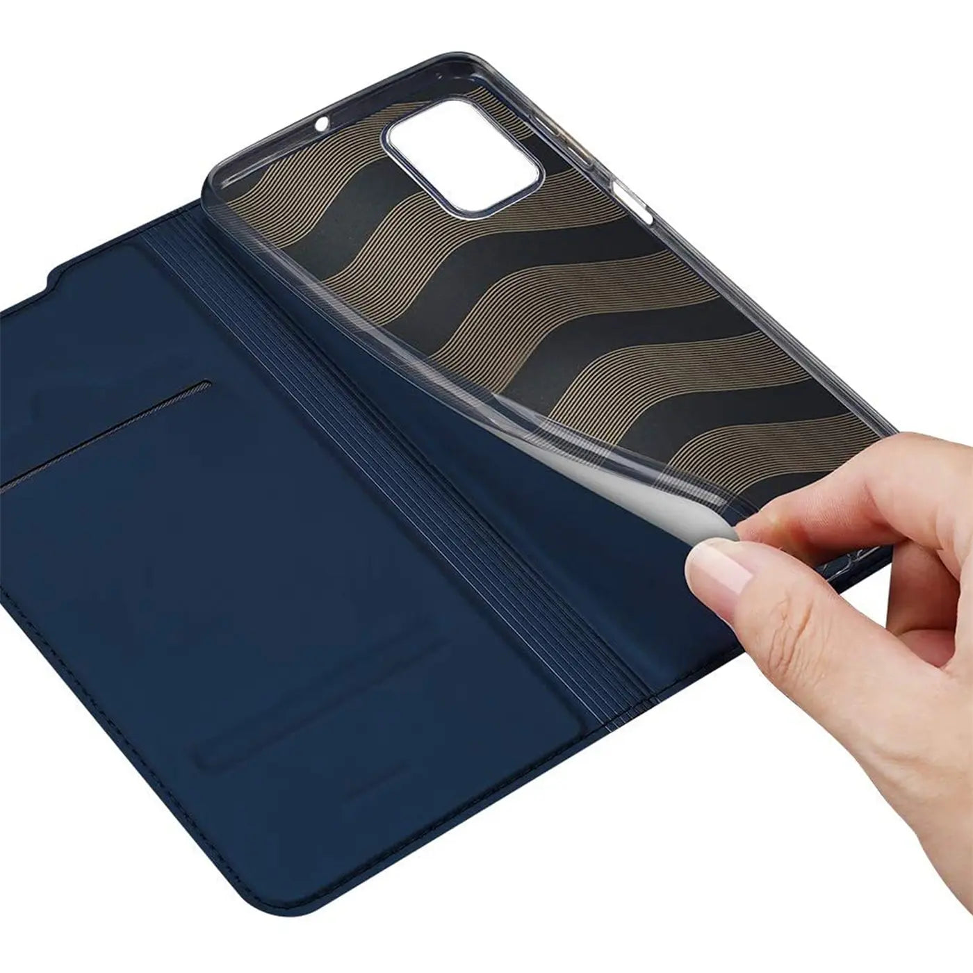 Dunkelblaue Klapphülle aus Kunstleder, zeigt Innenleben mit Handy-Schale. Samsung Galaxy A23 5G.