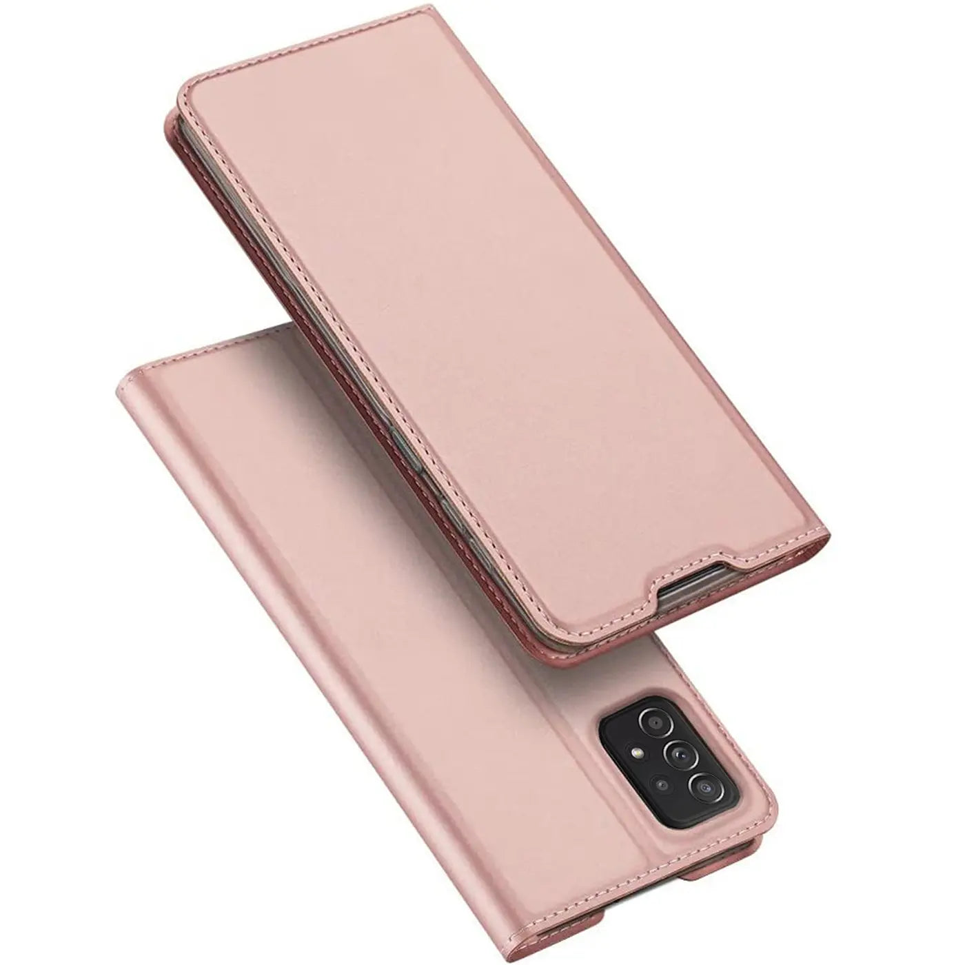 Roségoldene Metallic-Flip-Hülle aus Leder für Samsung Galaxy A23 5G, von oben gesehen.