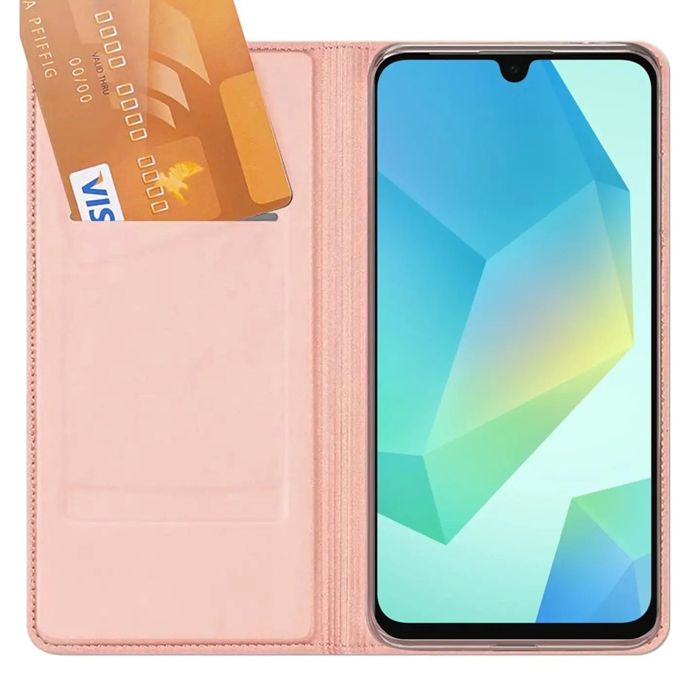 Rosa Kunstleder-Flip-Hülle mit Kartenfach, zeigt Samsung Galaxy A26 5G.