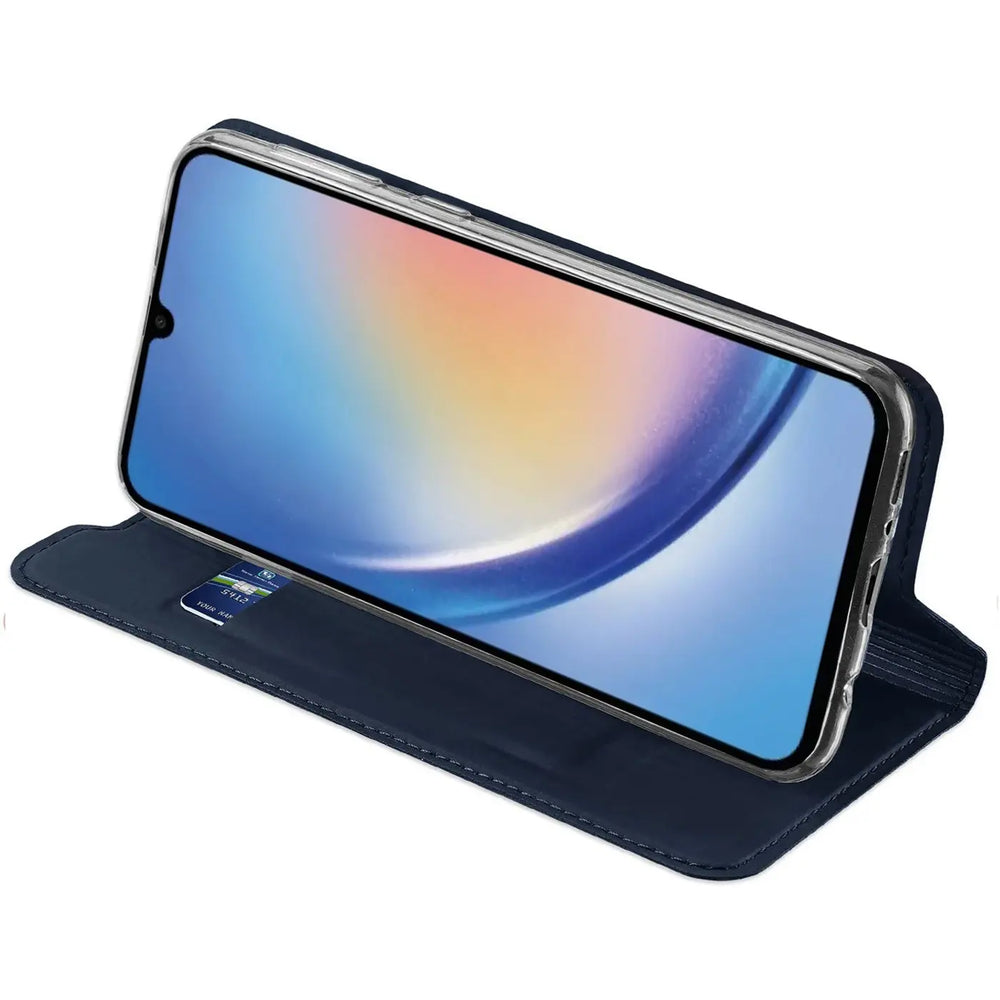 Dunkelblaue Klapphülle aus Kunstleder für Samsung Galaxy A27 5G, seitliche Ansicht.