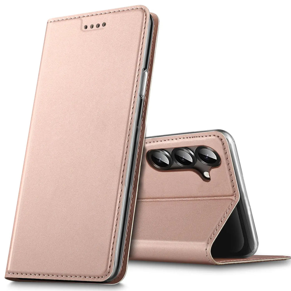 Rosa Metallic Flip Hülle, Leder, Vorderansicht und Rückansicht mit Kamera, Samsung Galaxy A27 5G