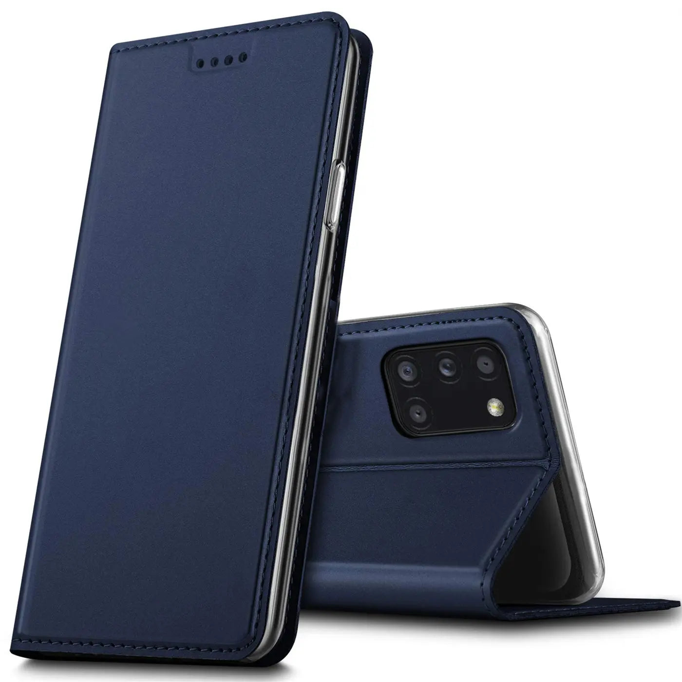 Dunkelblaue Leder-Flip-Hülle für Samsung Galaxy A31, von vorne/seitlich gezeigt.