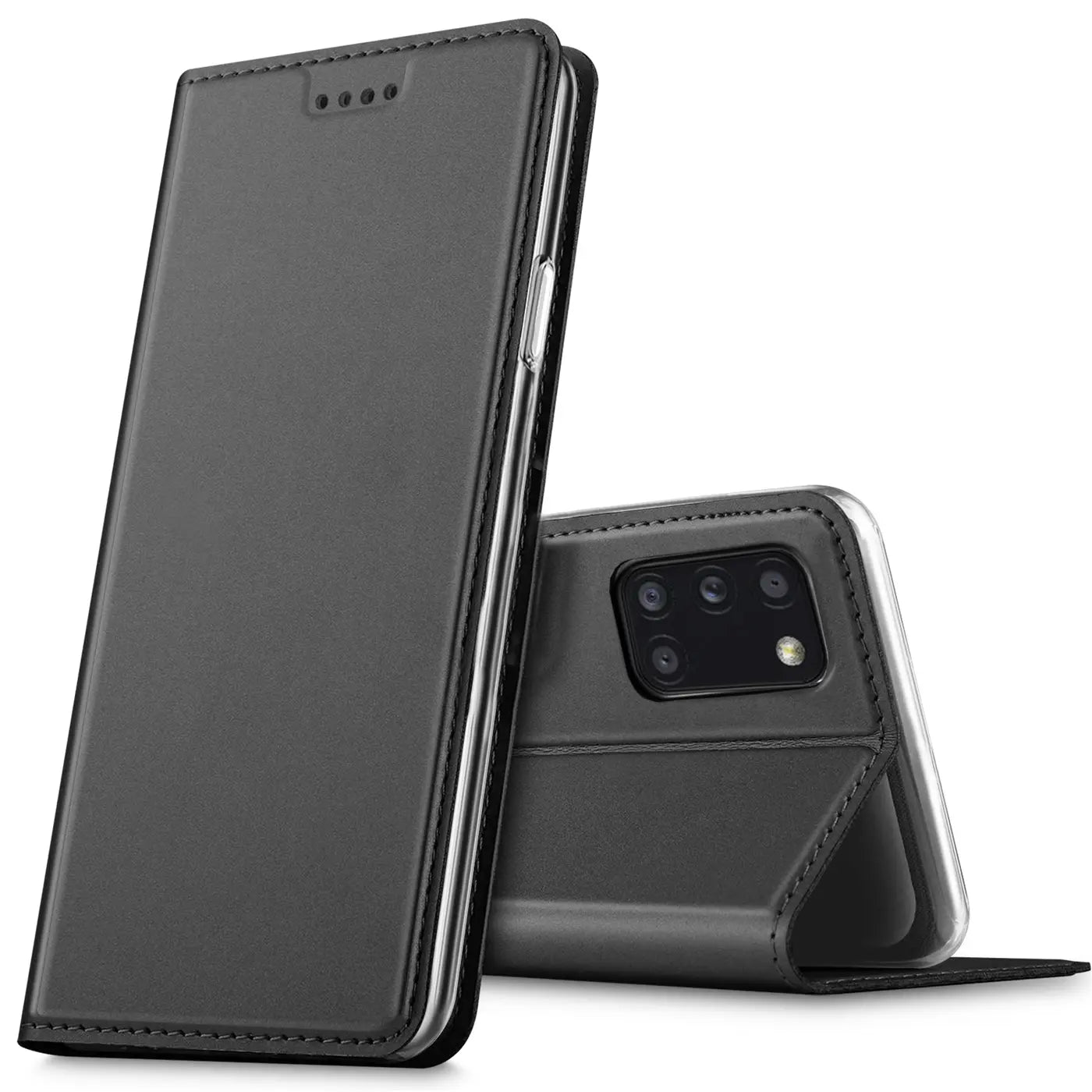 Dunkelgraue Leder-Flip-Hülle für Samsung Galaxy A31, von vorne und hinten gezeigt.