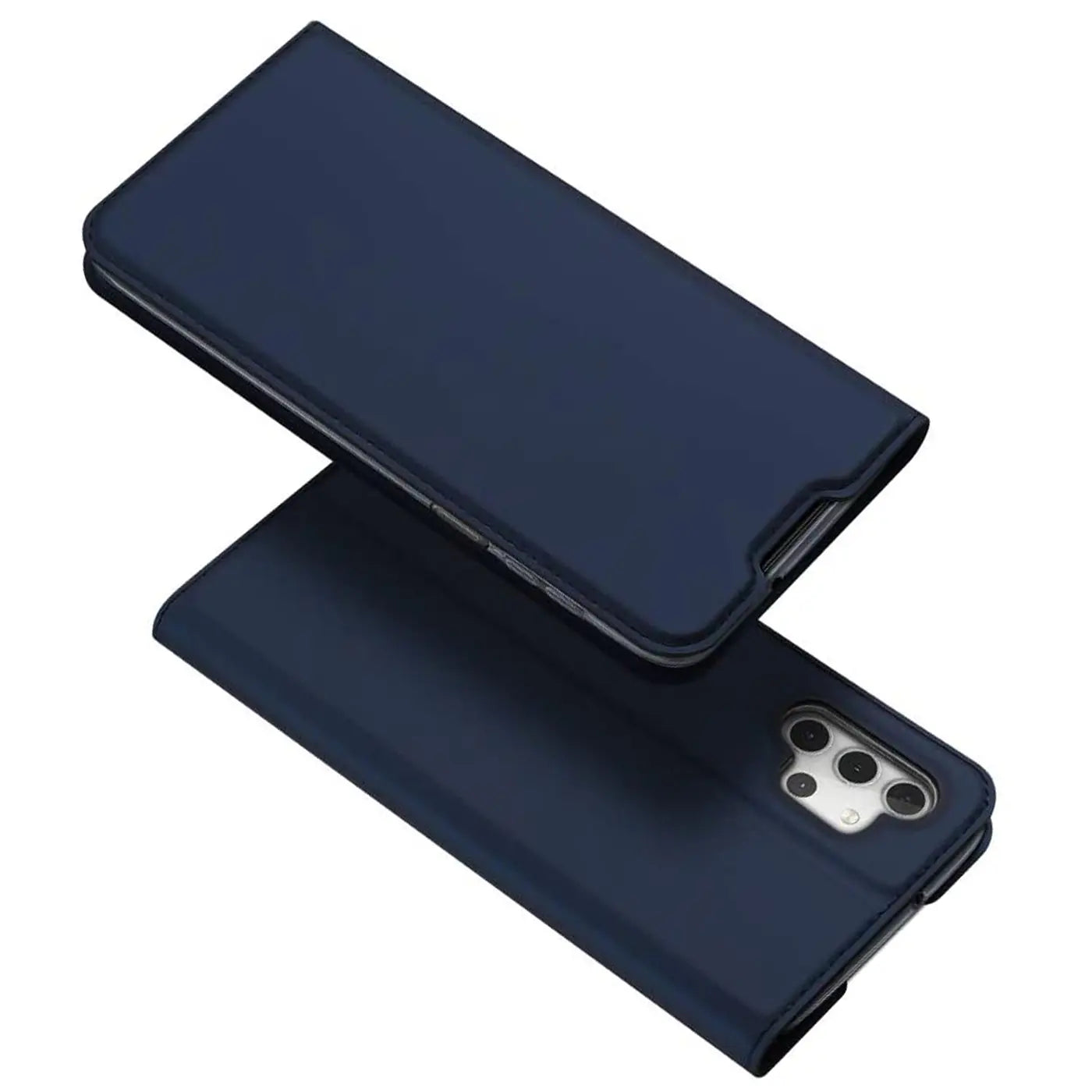 Dunkelblaue Kunstleder-Flip-Hülle, von vorne schräg, mit Samsung Galaxy A32 5G