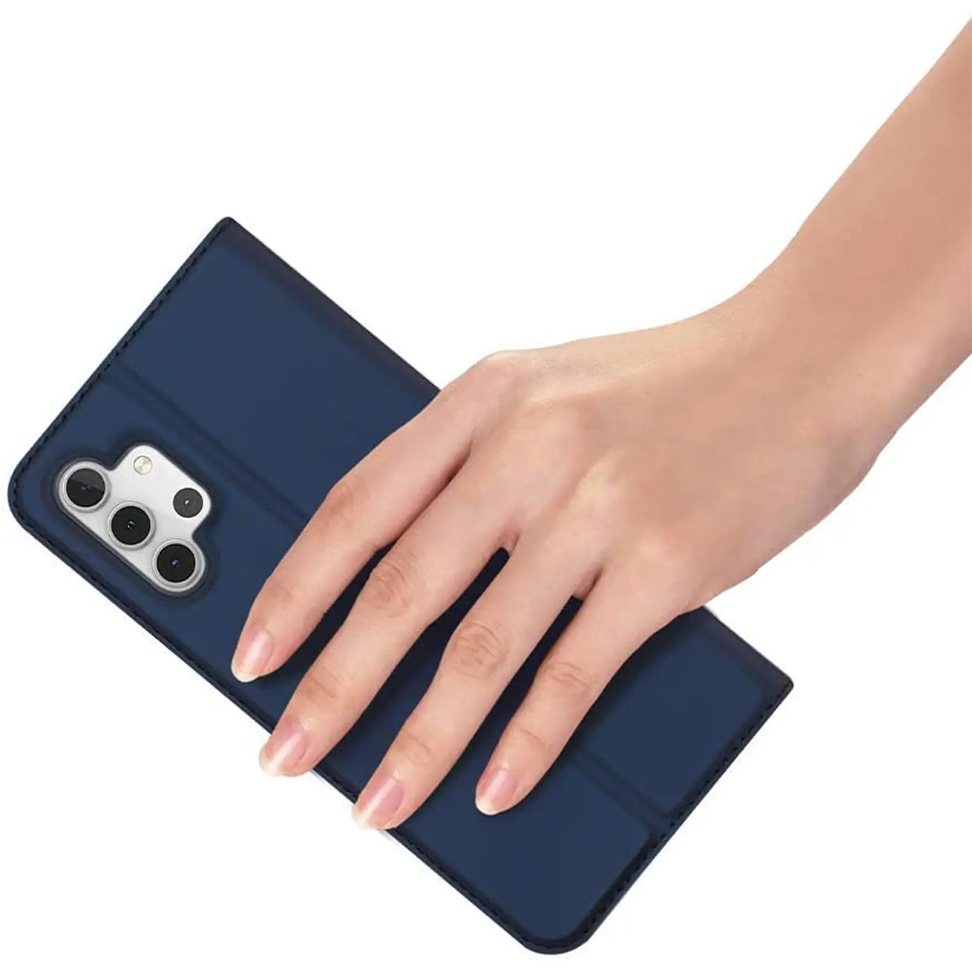 Dunkelblaue Klapphülle aus Kunstleder für Samsung Galaxy A32 5G, von oben gesehen.