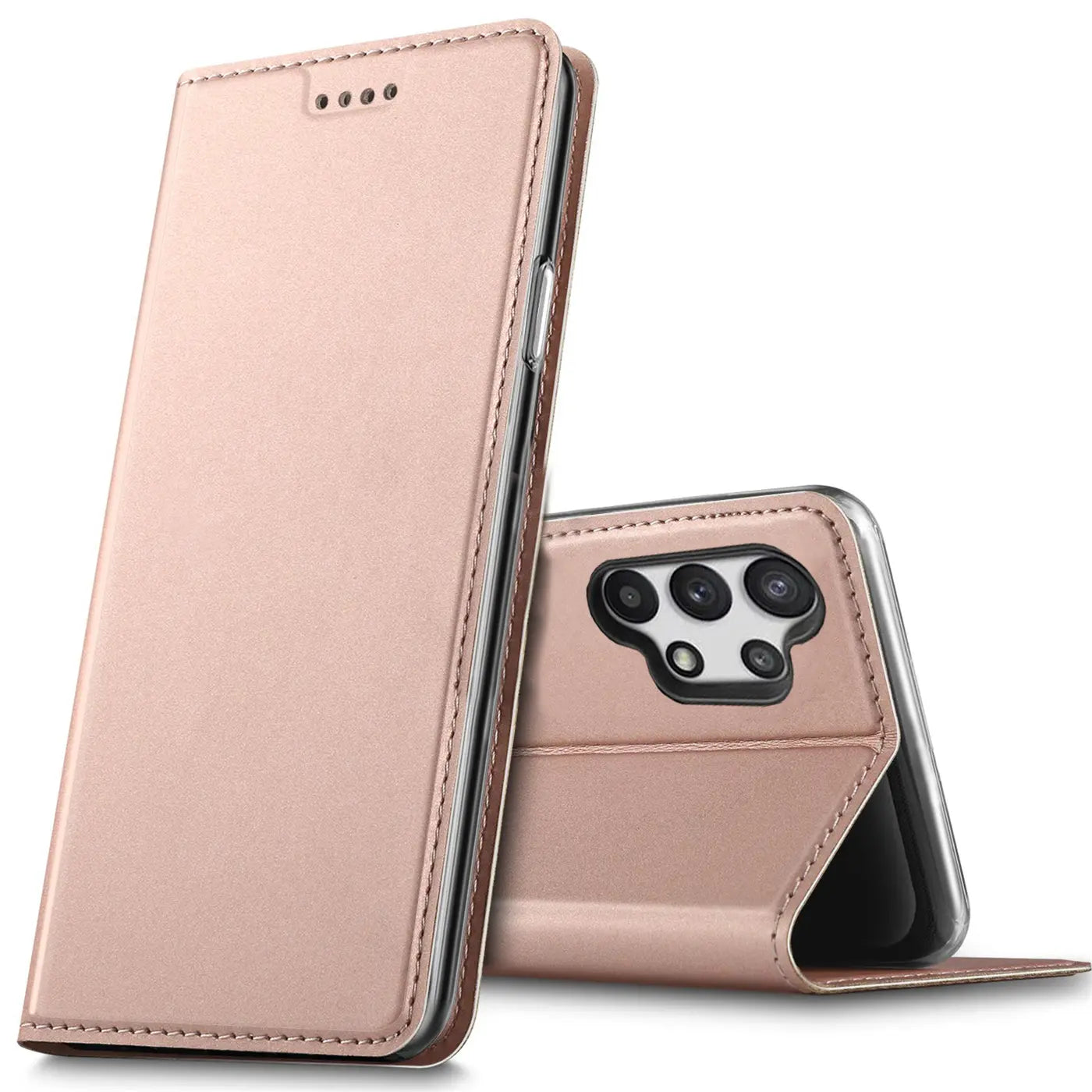 Metallic rosegoldene Klapphülle aus Kunstleder für Samsung Galaxy A32 5G, von vorne und hinten gezeigt.