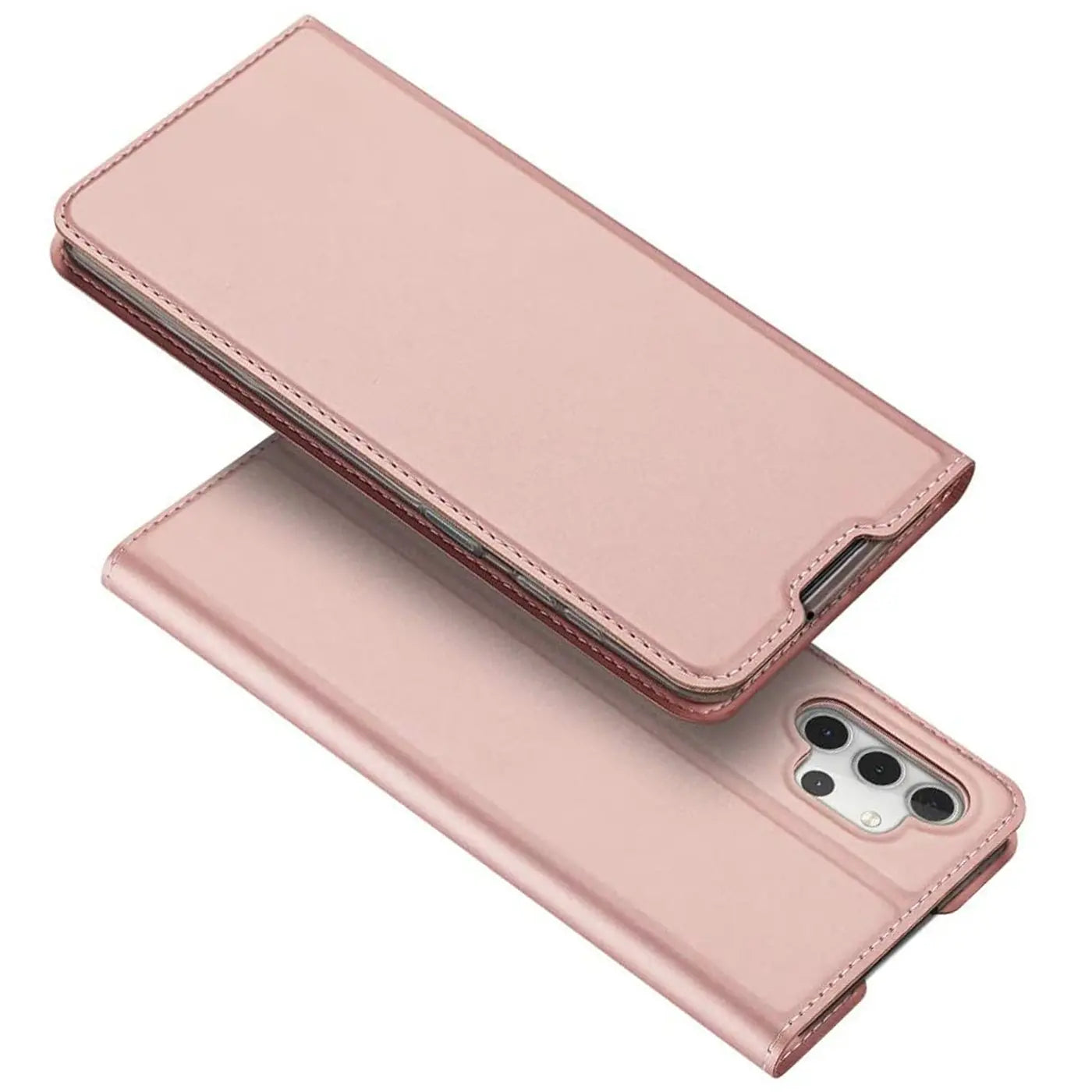 Rosa metallic Flip Hülle aus Kunstleder für Samsung Galaxy A32 5G, von oben.
