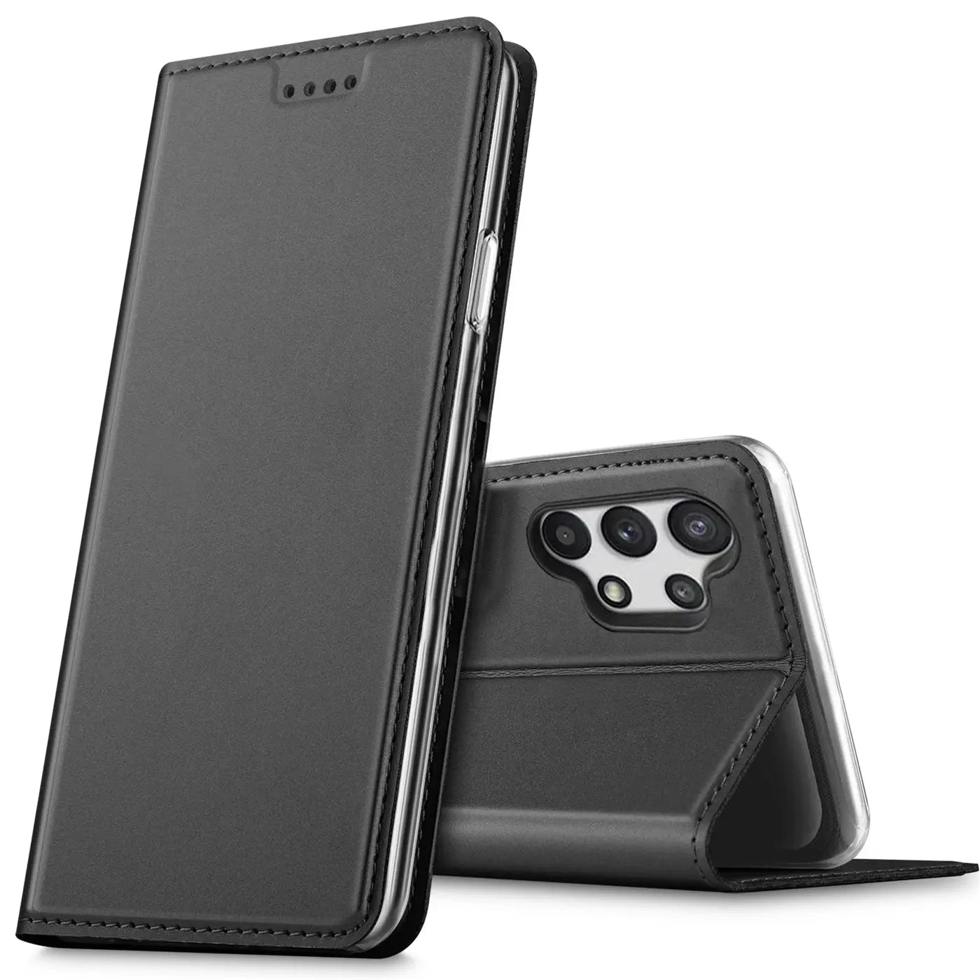 Schwarze Kunstleder-Flip-Hülle für Samsung Galaxy A32 5G, von vorne/seitlich gezeigt.