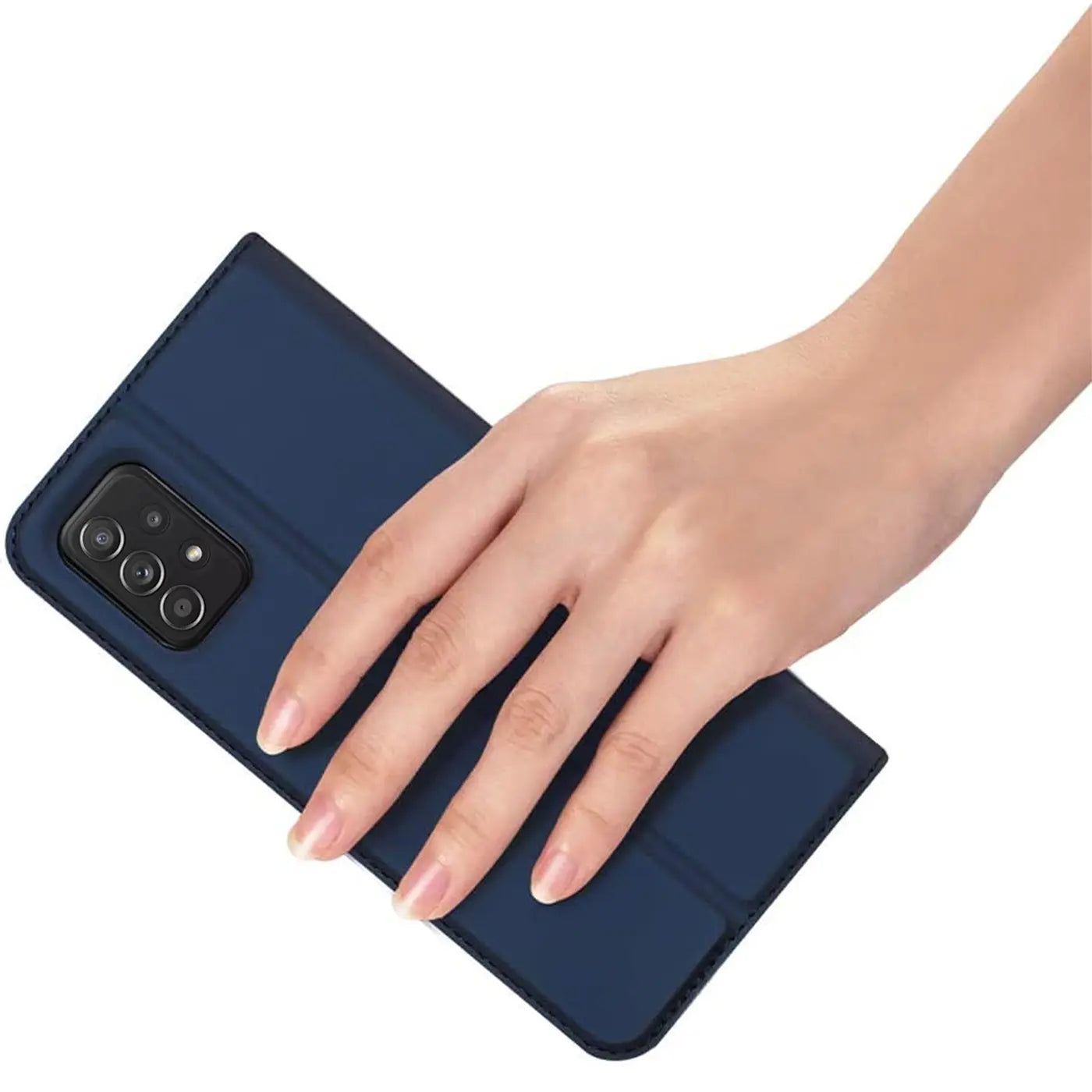 Dunkelblaue Kunstleder-Flip-Hülle auf Samsung Galaxy A33 5G, von oben gesehen.