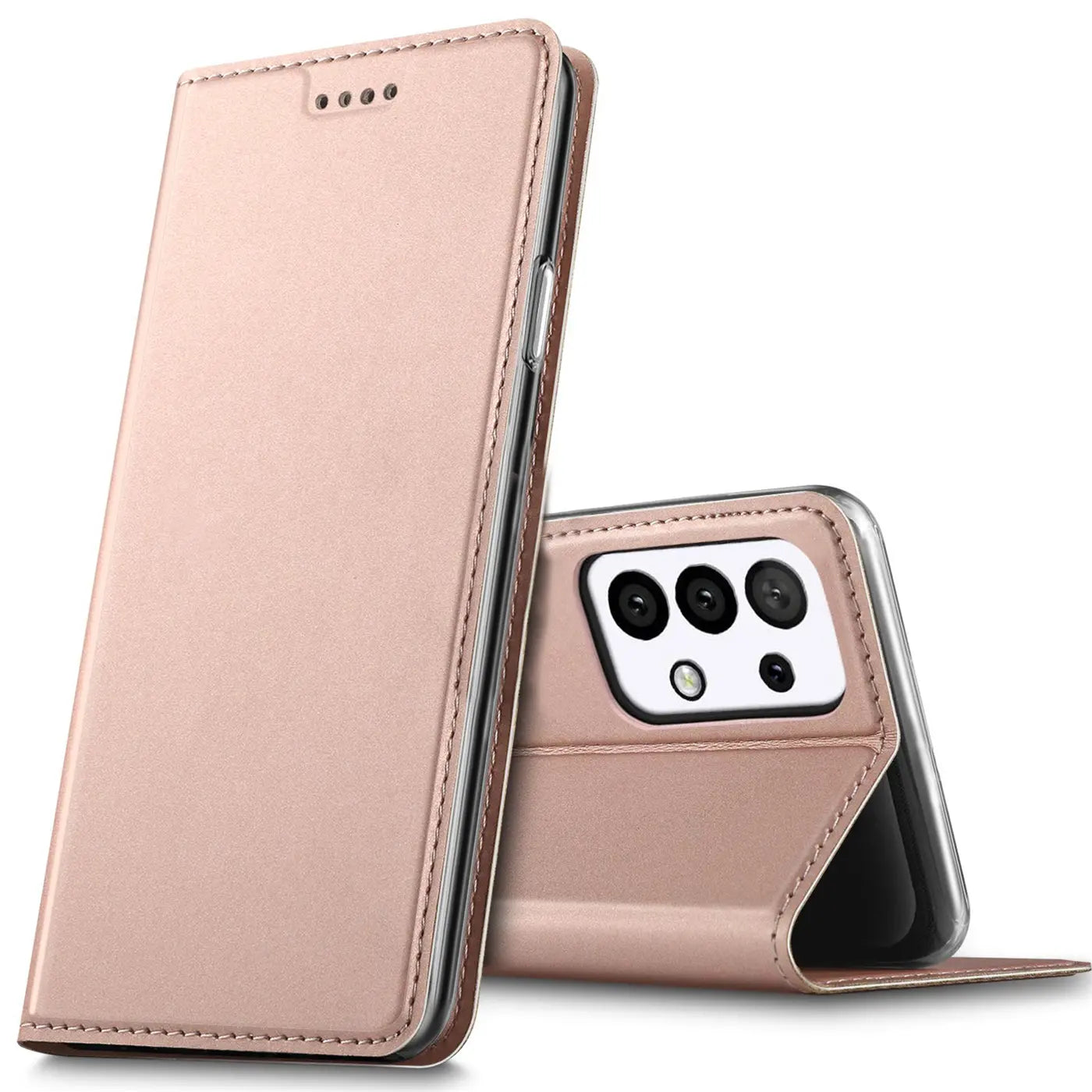 Rosafarbene Metallic-Flip-Hülle aus Kunstleder, seitliche Ansicht, zeigt Samsung Galaxy A33 5G Rückseite.