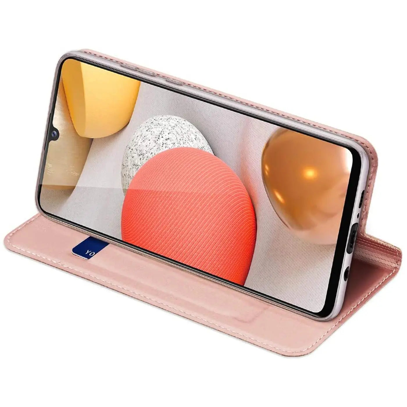 Rosa Kunstleder-Flip-Hülle für Samsung Galaxy A33 5G, von vorne schräg gezeigt.