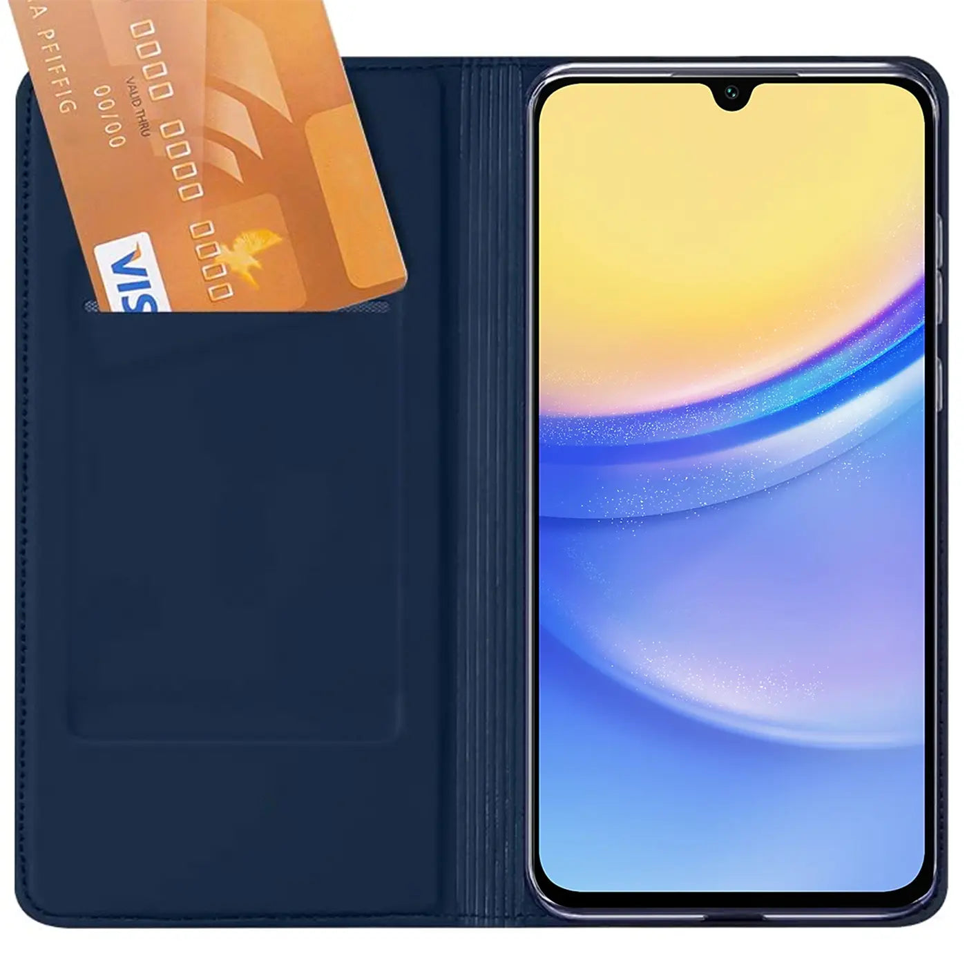 Dunkelblaue Kunstleder-Flip-Hülle mit Kartenfach, Samsung Galaxy A35 5G, von vorne
