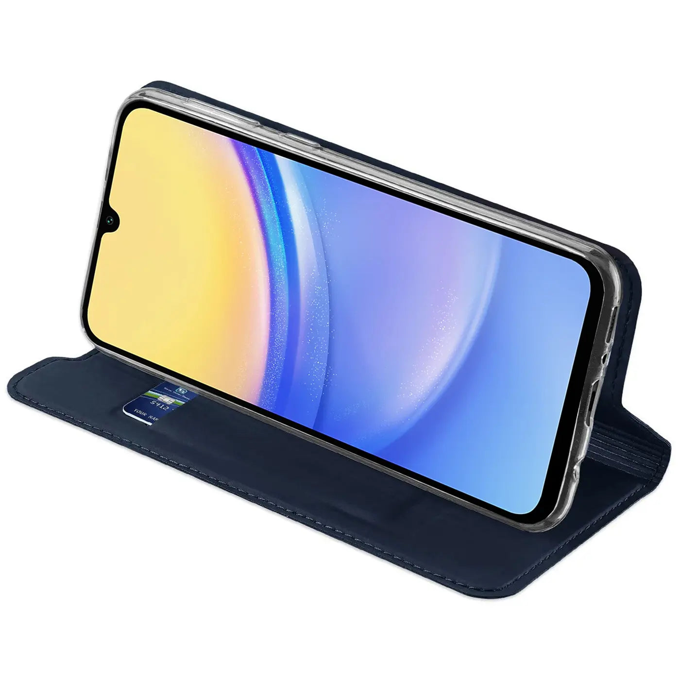 Dunkelblaue Leder-Flip-Hülle mit Kartenfach für Samsung Galaxy A35 5G, Seitenansicht.