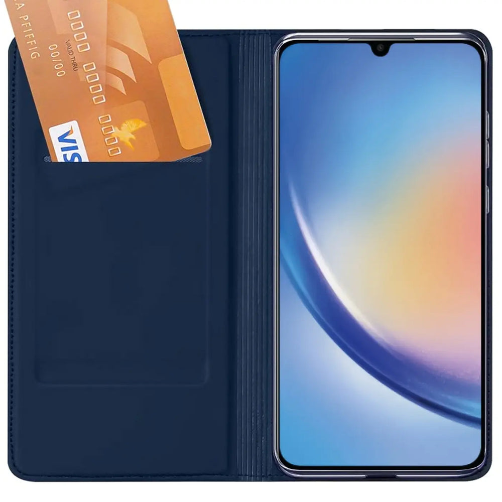 Dunkelblaue Kunstleder-Flip-Hülle mit Kartenfach, zeigt Samsung Galaxy A37 5G.