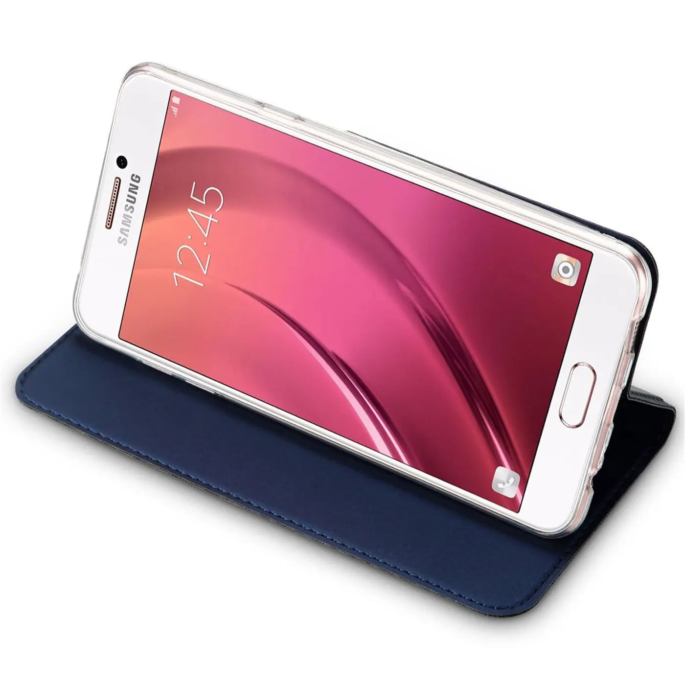 Dunkelblaue Leder-Flip-Hülle mit Samsung Galaxy A3 2017, Seitenansicht.